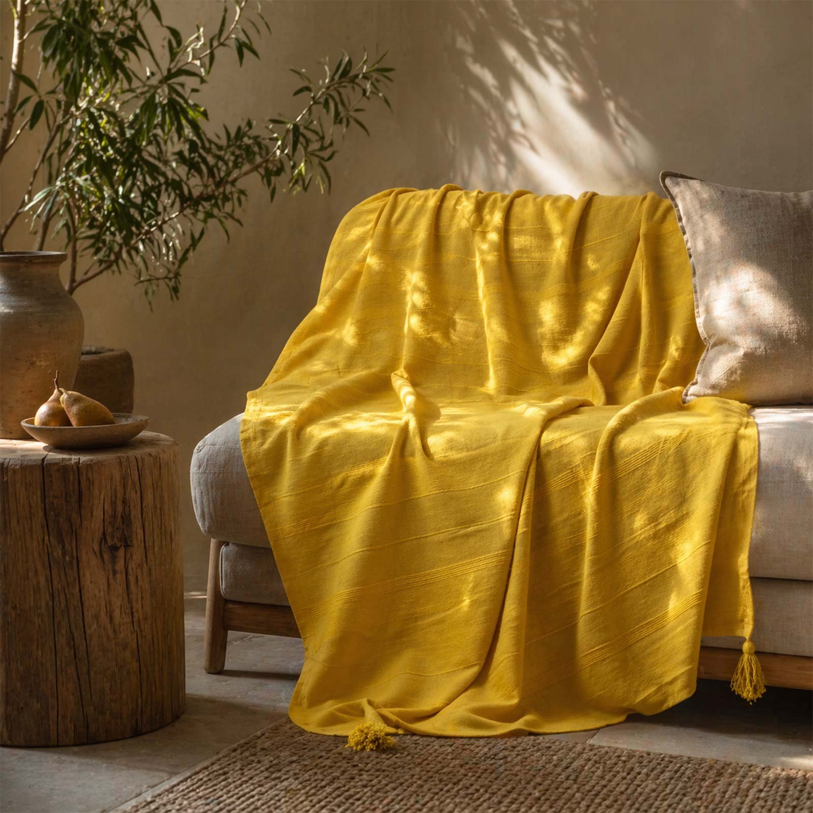 Homescapes Cotton Rajput Ribbed Throw - 255 x 360 cm - Yellow