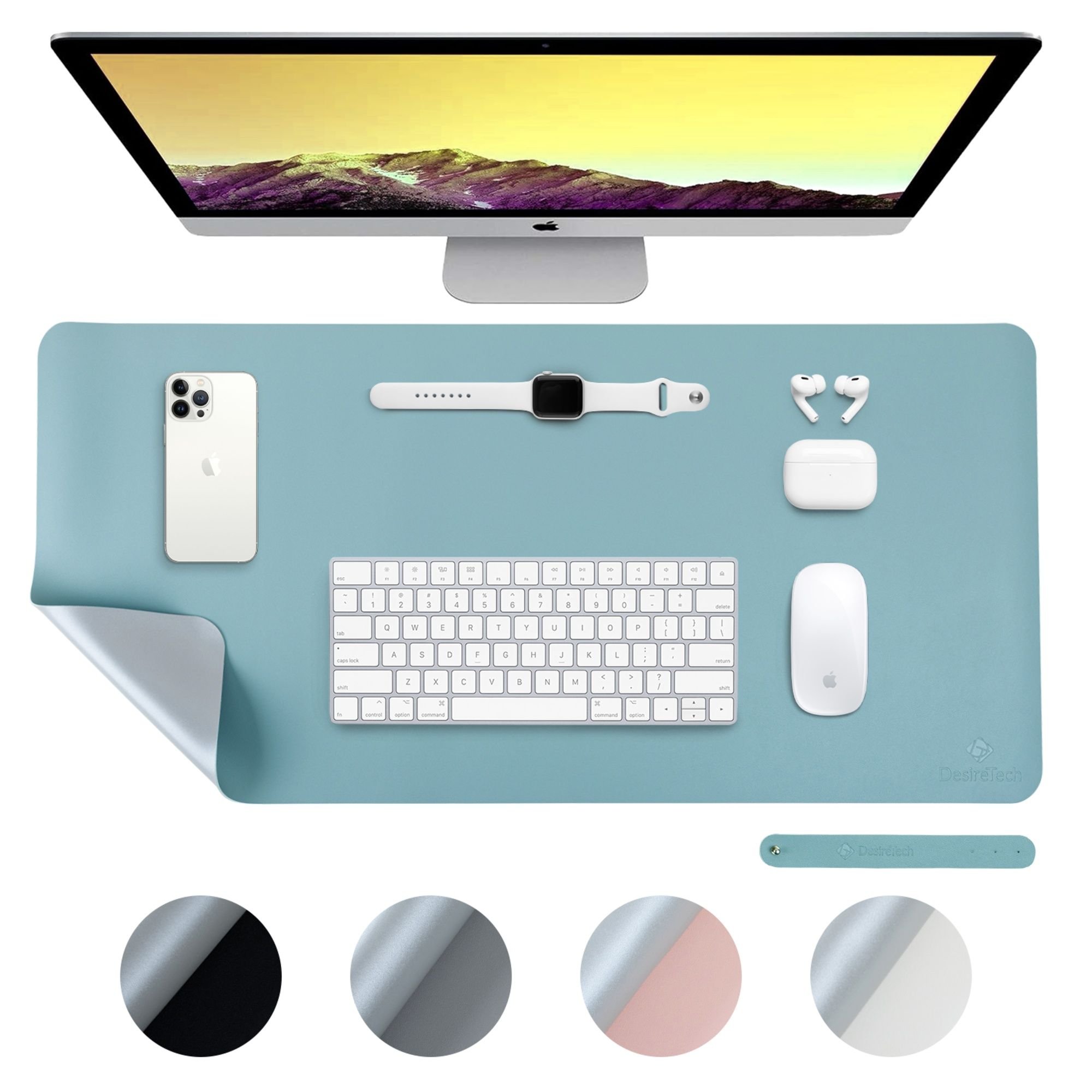 Desiretech Reversible Faux Leather Desk Mat - 43 x 89cm - Light Blue & Silver