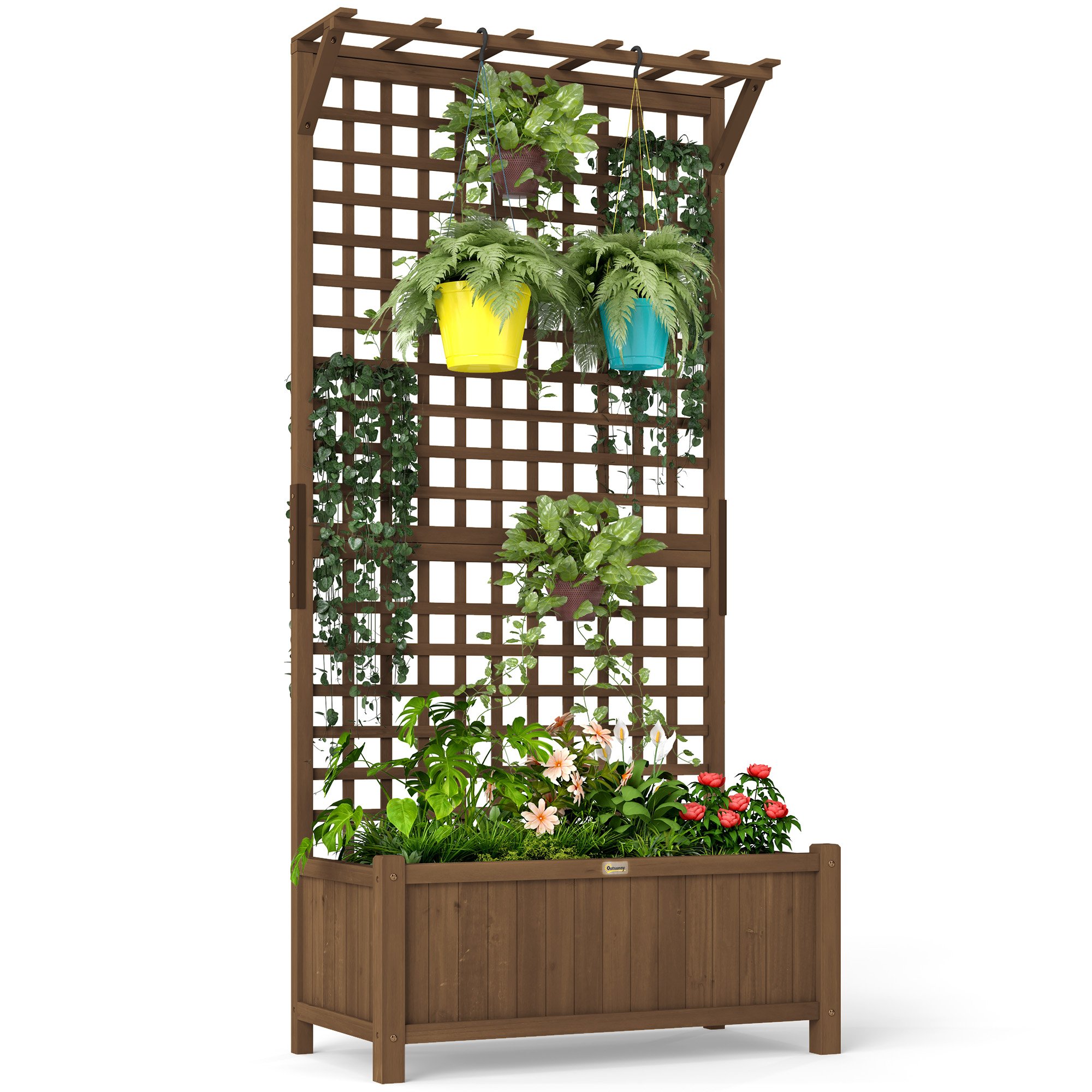Outsunny Fir Wood Garden Planter with Trellis and Drainage Holes – Dark Brown