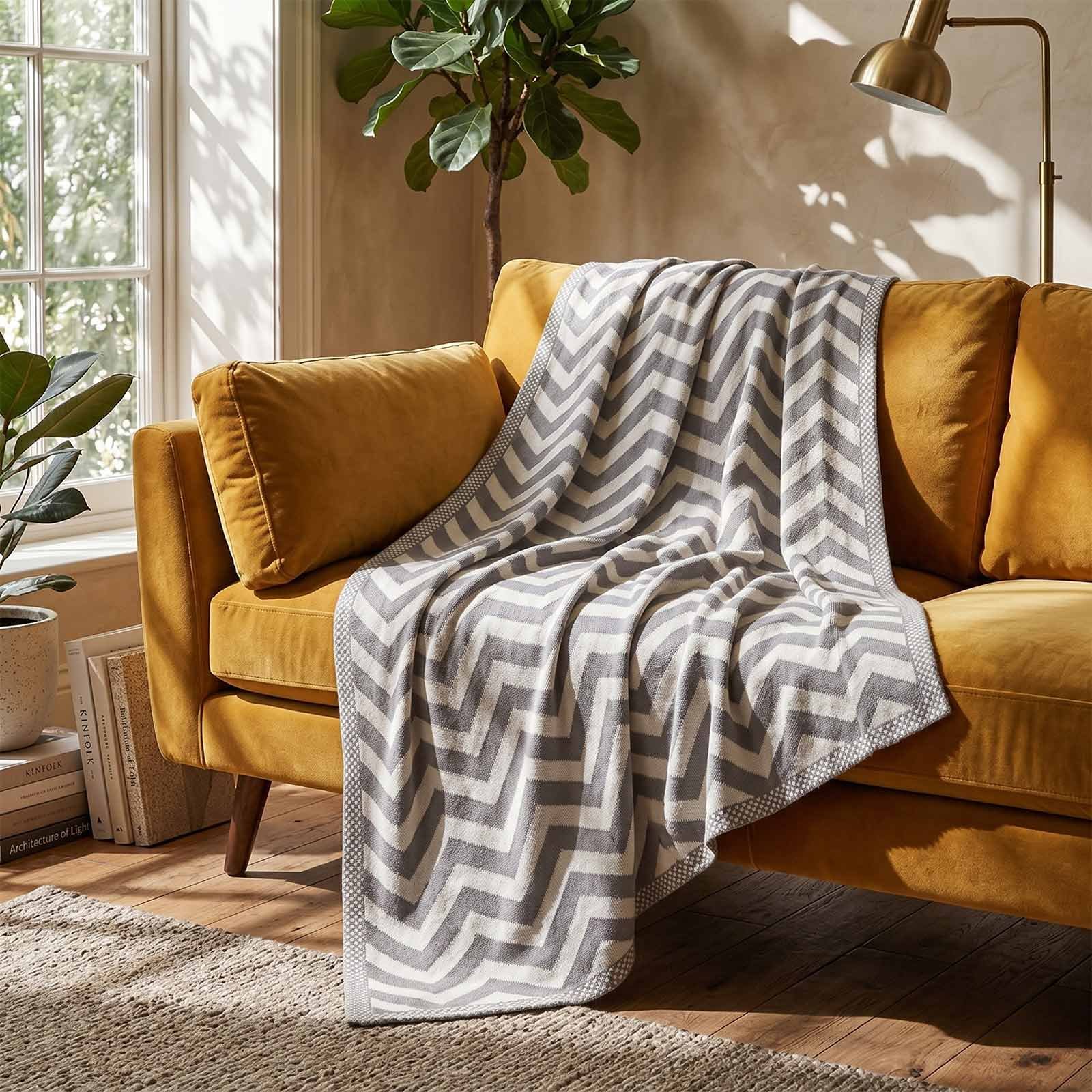 Homescapes Cotton Chevron Knitted Throw - 150 x 200 cm - Grey