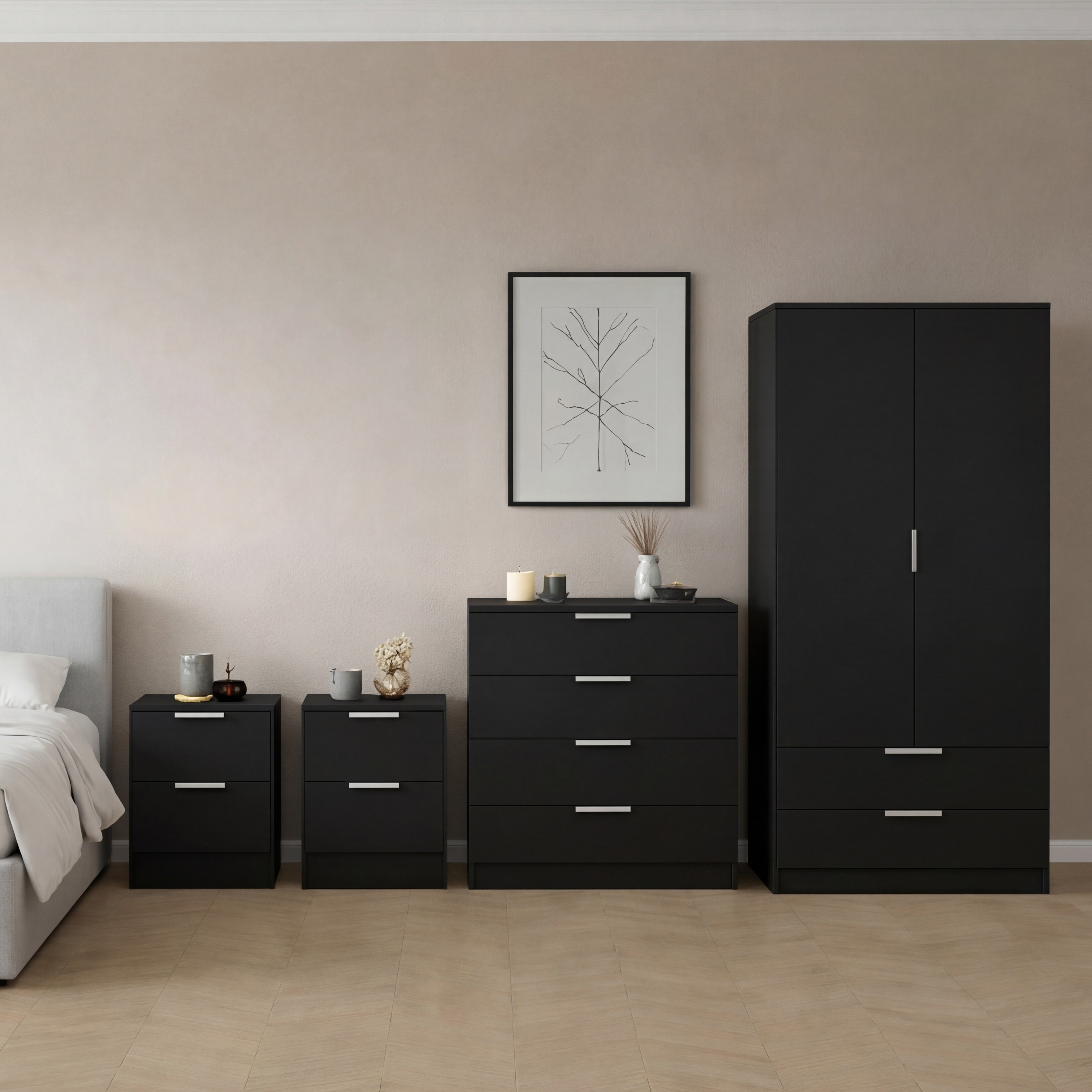 Vida Designs Trega Bedroom Set (Bedsides, 4 Drawer Chest, 2x2 Wardrobe) - Black