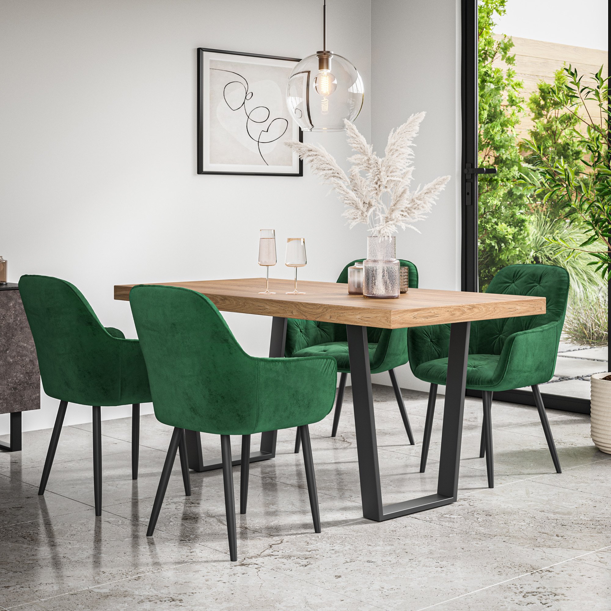 Furniture Online Aria Anika Oak Effect Dining Table & 6 Green Chairs