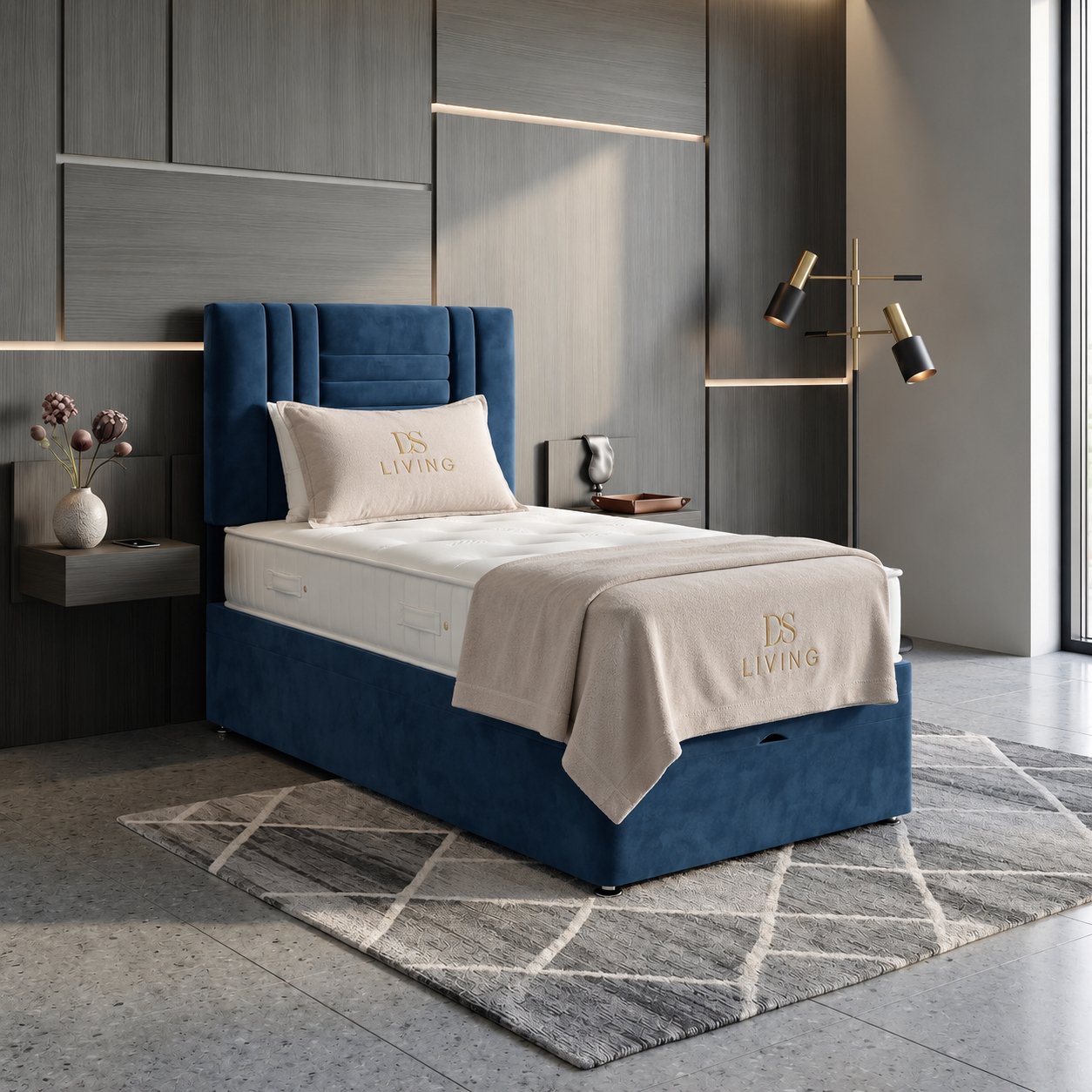 DS Living Orion Single Upholstered Ottoman Bed Frame - Blue