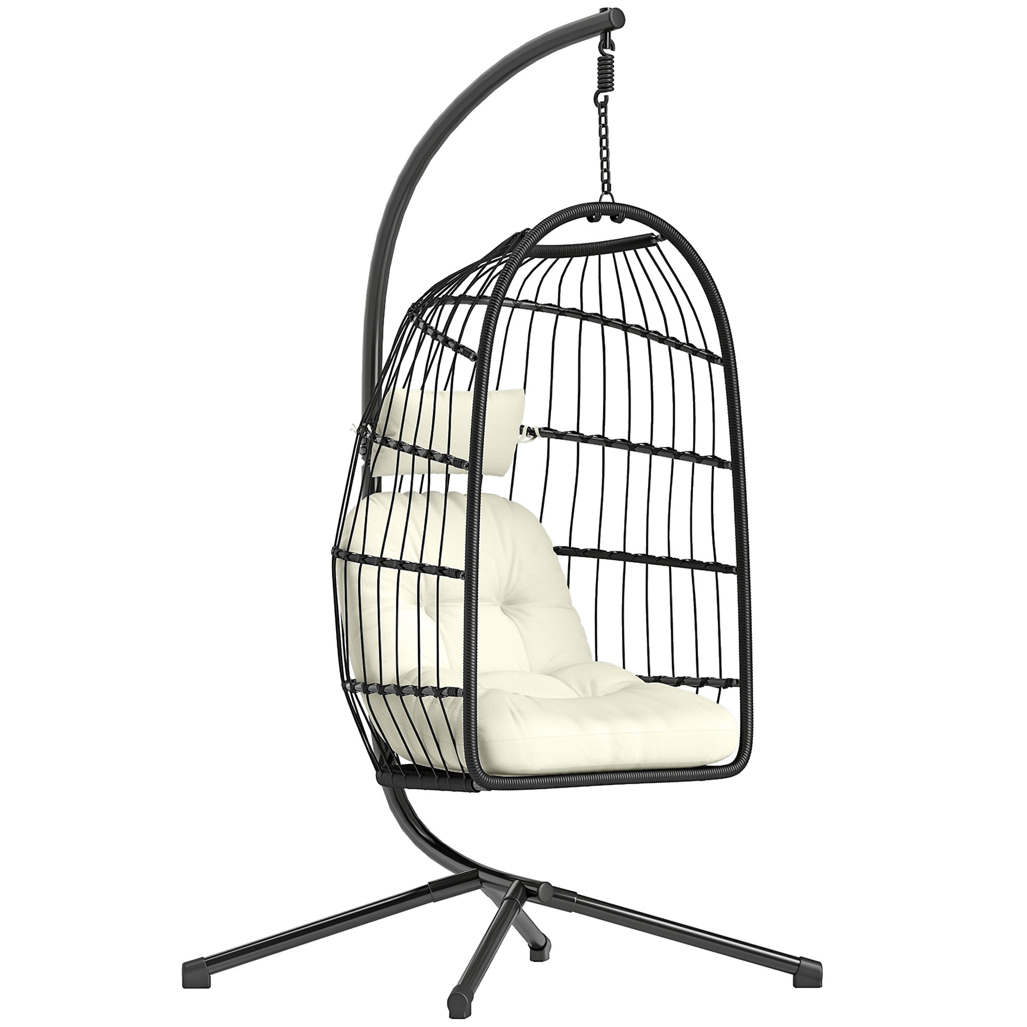 Outsunny Rattan Foldable Garden Egg Swing Chair - Black and Cream White