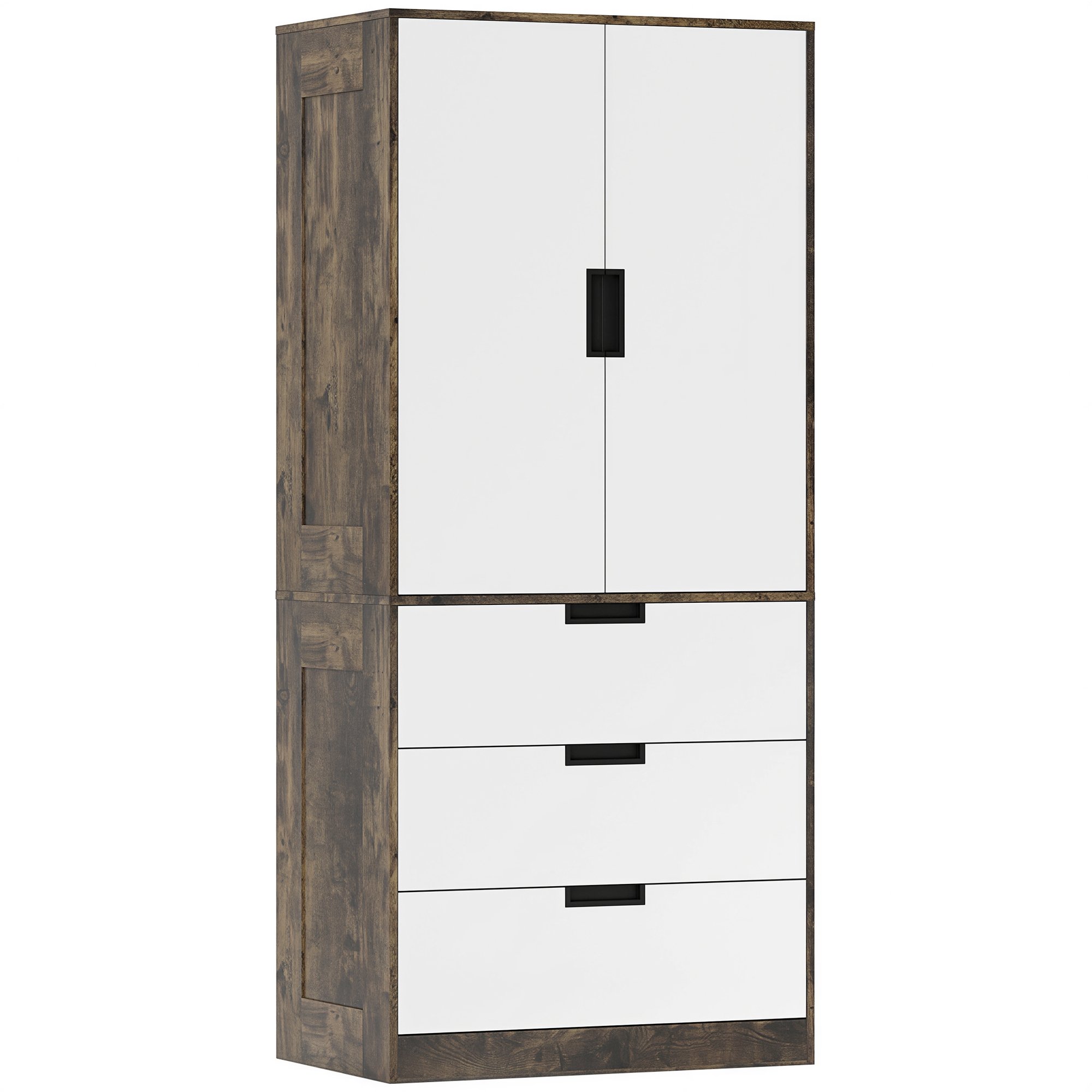 HOMCOM 2 Door Wardrobe with 3 Drawers and Hanging Rail - Rustic Brown
