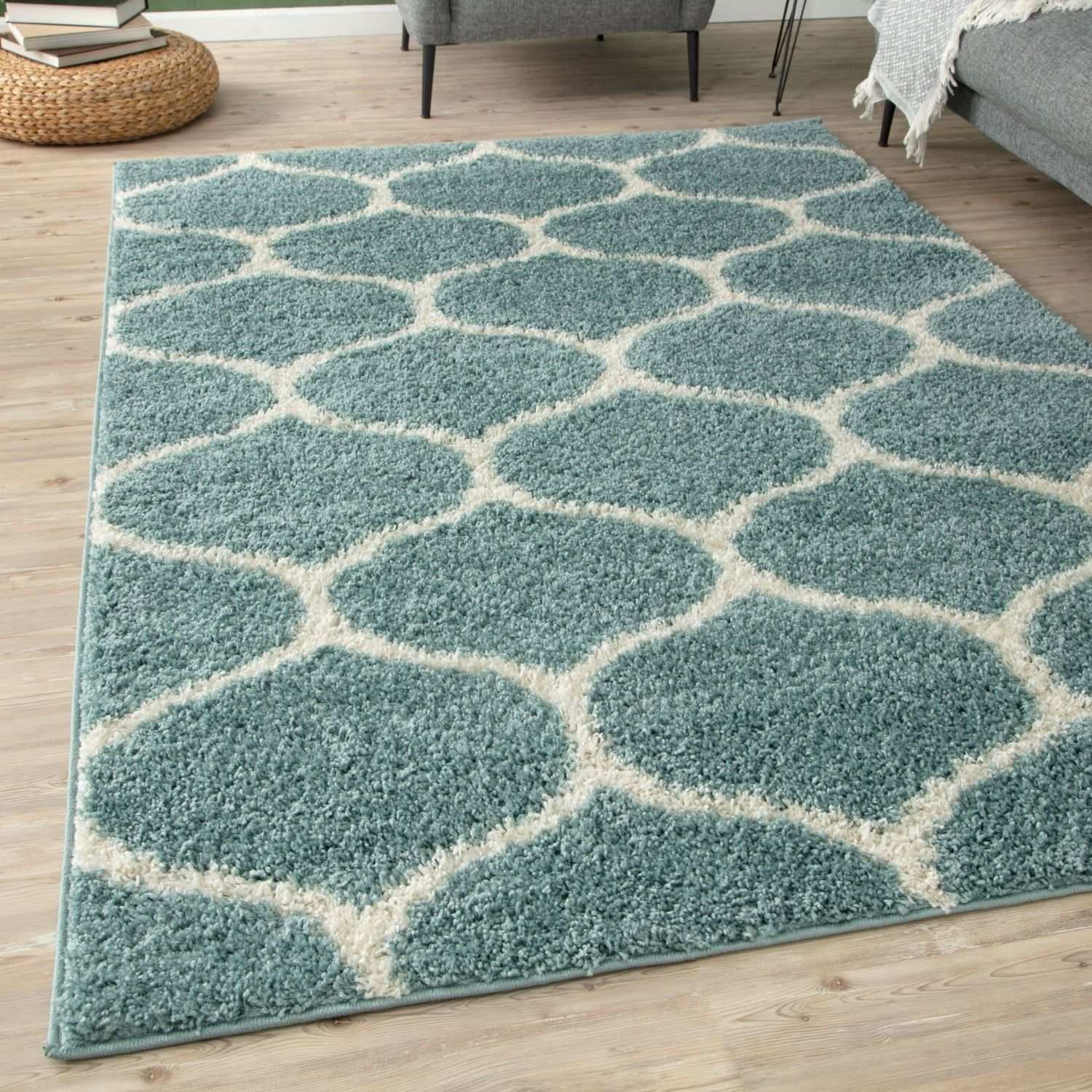 The Rugs Duck Egg Blue Moroccan Shaggy Trellis Rug - 80 x 150cm