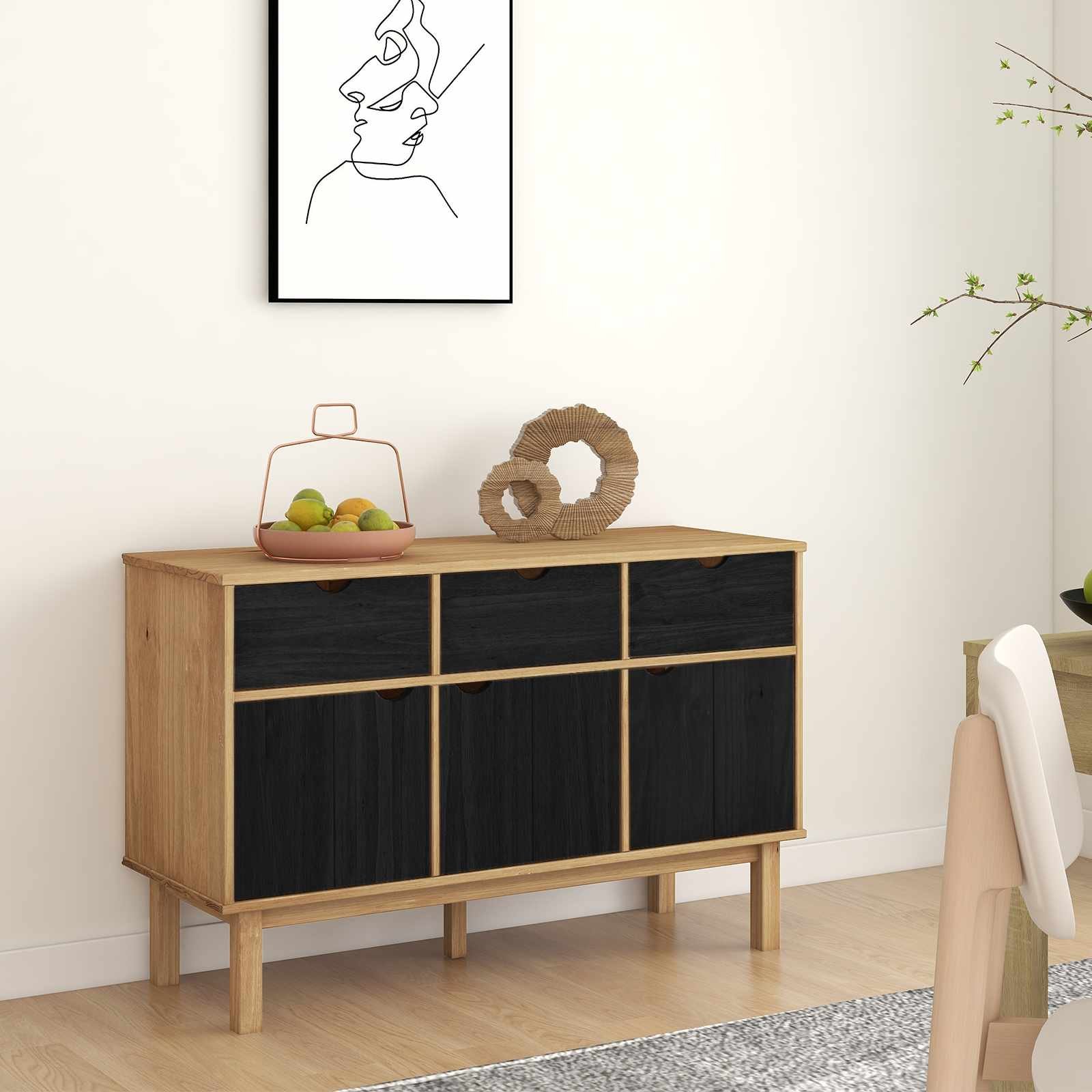 Walplus Solid Pine Sideboard - Brown and Black - 114 x 43 x 73.5 cm