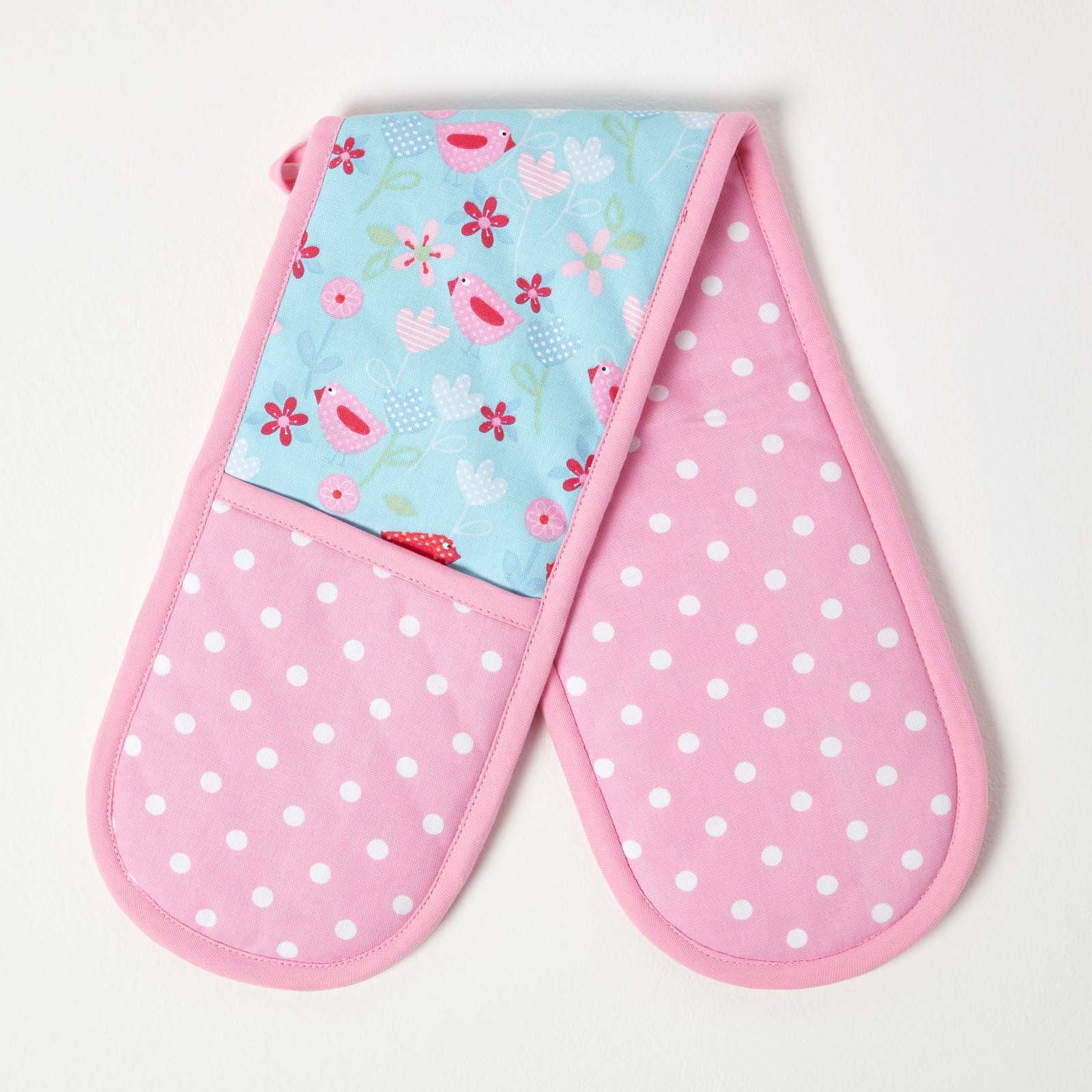 Homescapes Birds and Flowers Cotton Double Oven Glove - Pink