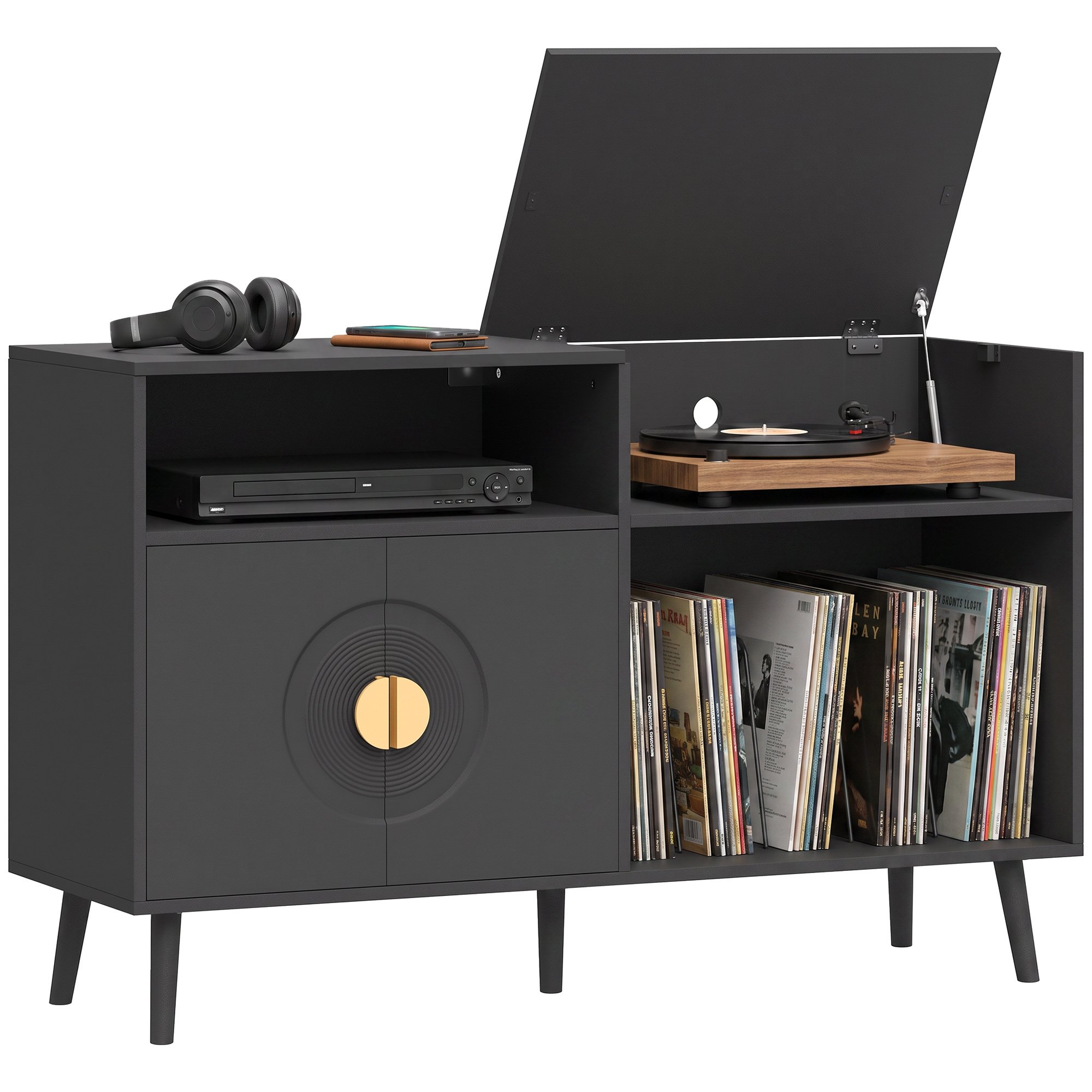 HOMCOM Record Player Stand with Storage Holds Up to 300 Albums - Black