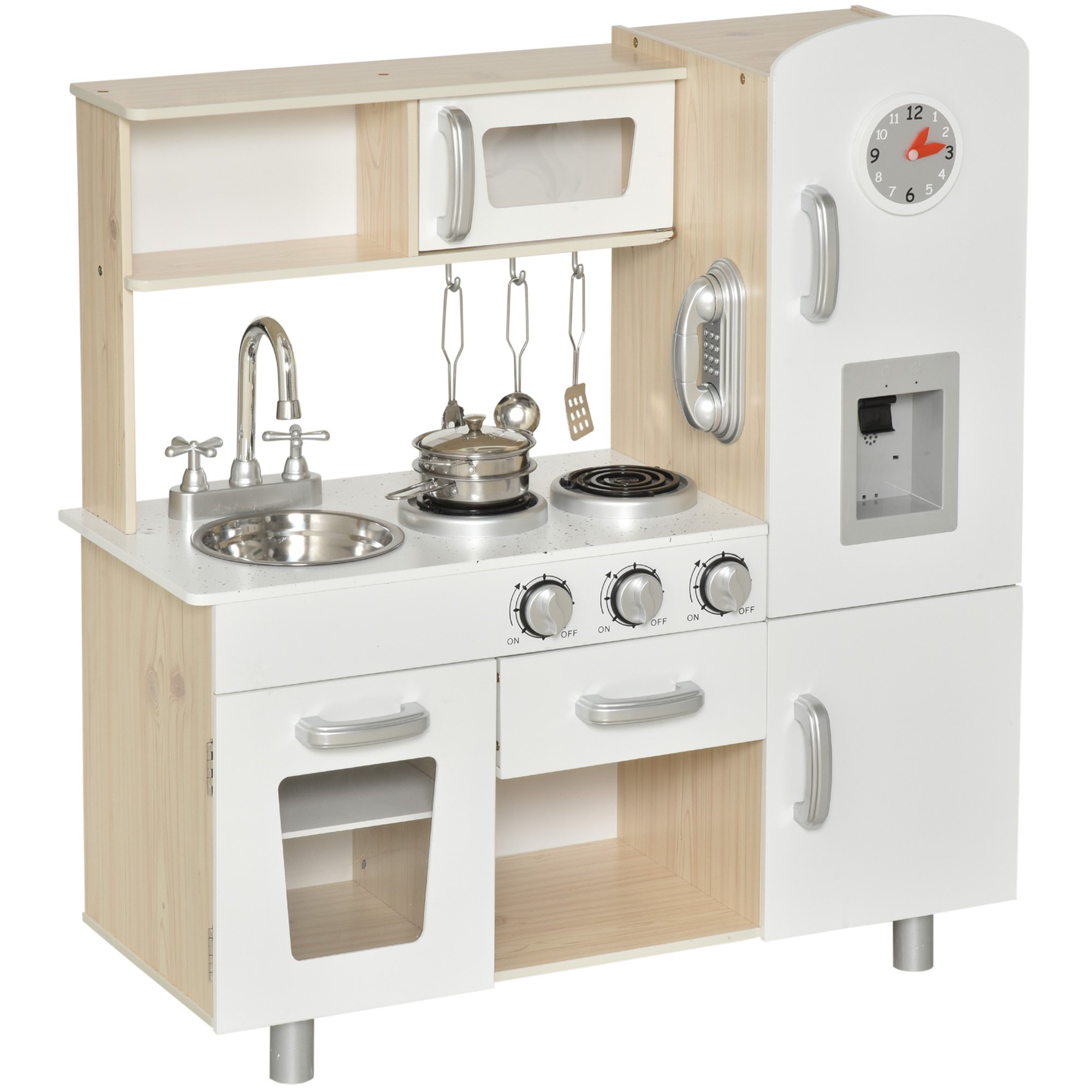 HOMCOM Microwave Ice Maker Stoves Sink Kids Play Kitchen - White