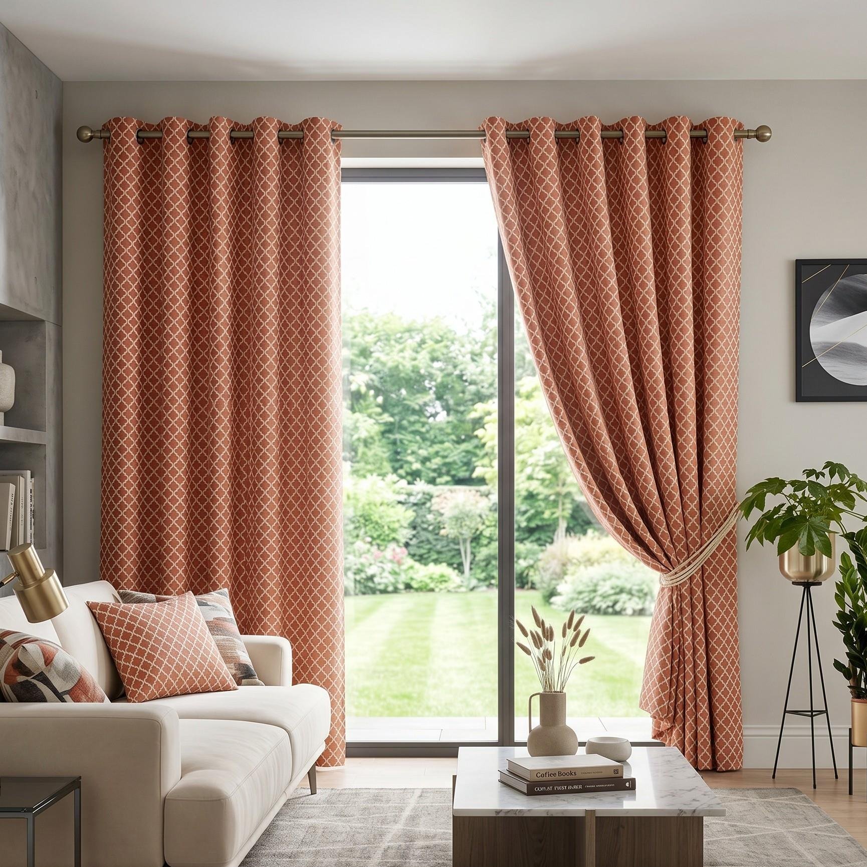 Luxury Living Geometric Eyelet Lined Curtains 117cm x 137cm - Orange