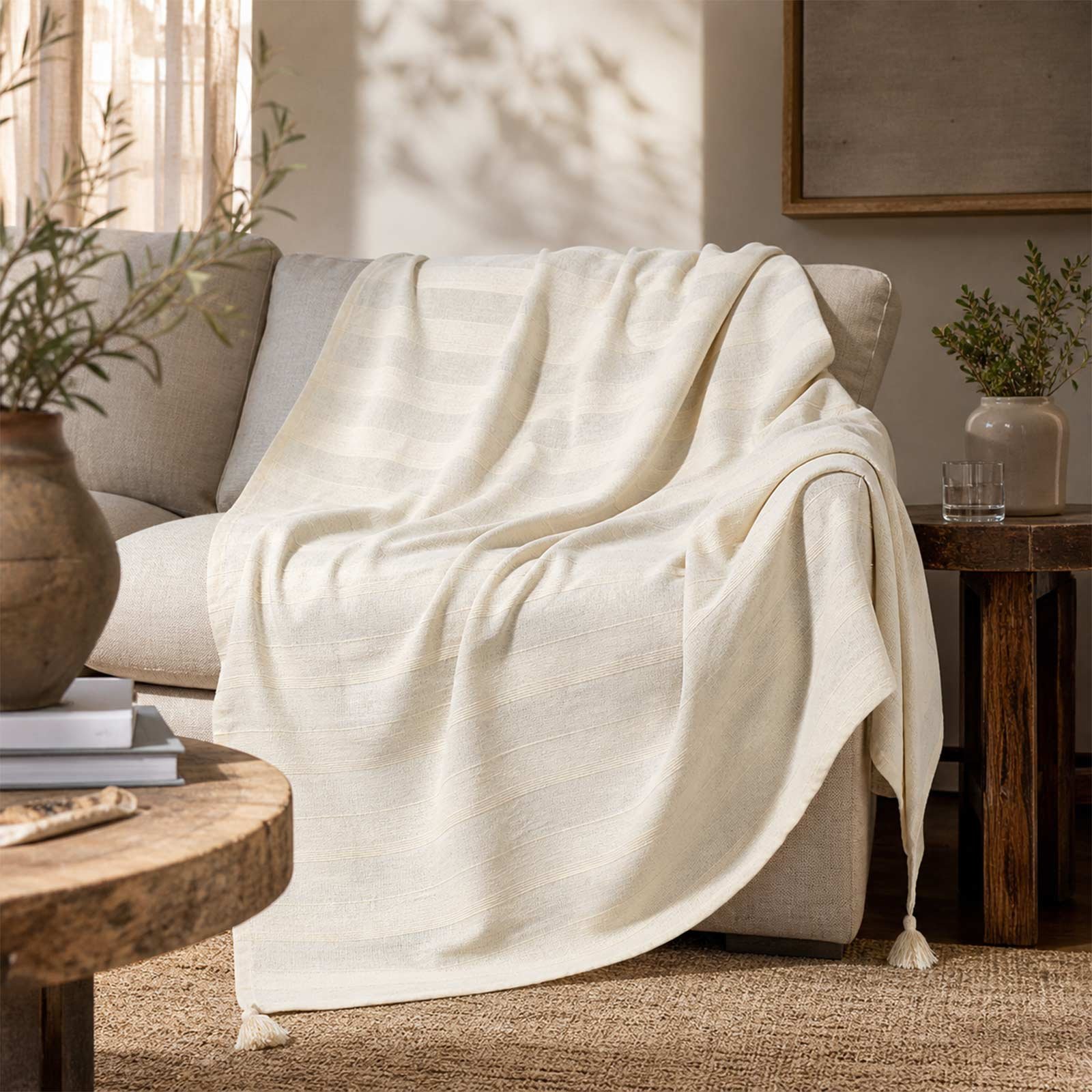 Homescapes Cotton Rajput Ribbed Throw - 150 x 200 cm - Natural