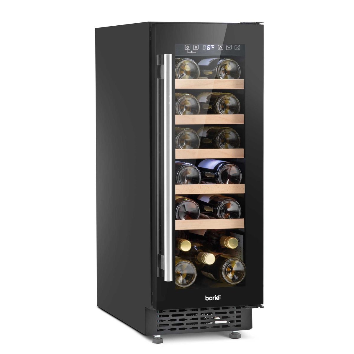 Baridi 20 Bottle Slim Wine Cooler with Beech Shelves & LED Light - Black