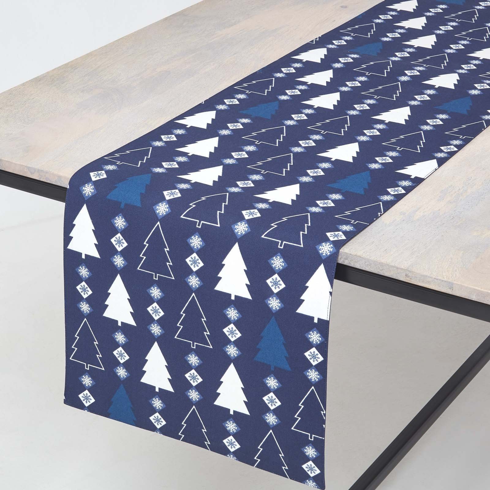 Homescapes Cotton Christmas Winterland Table Runner - 35 x 250 cm - Blue