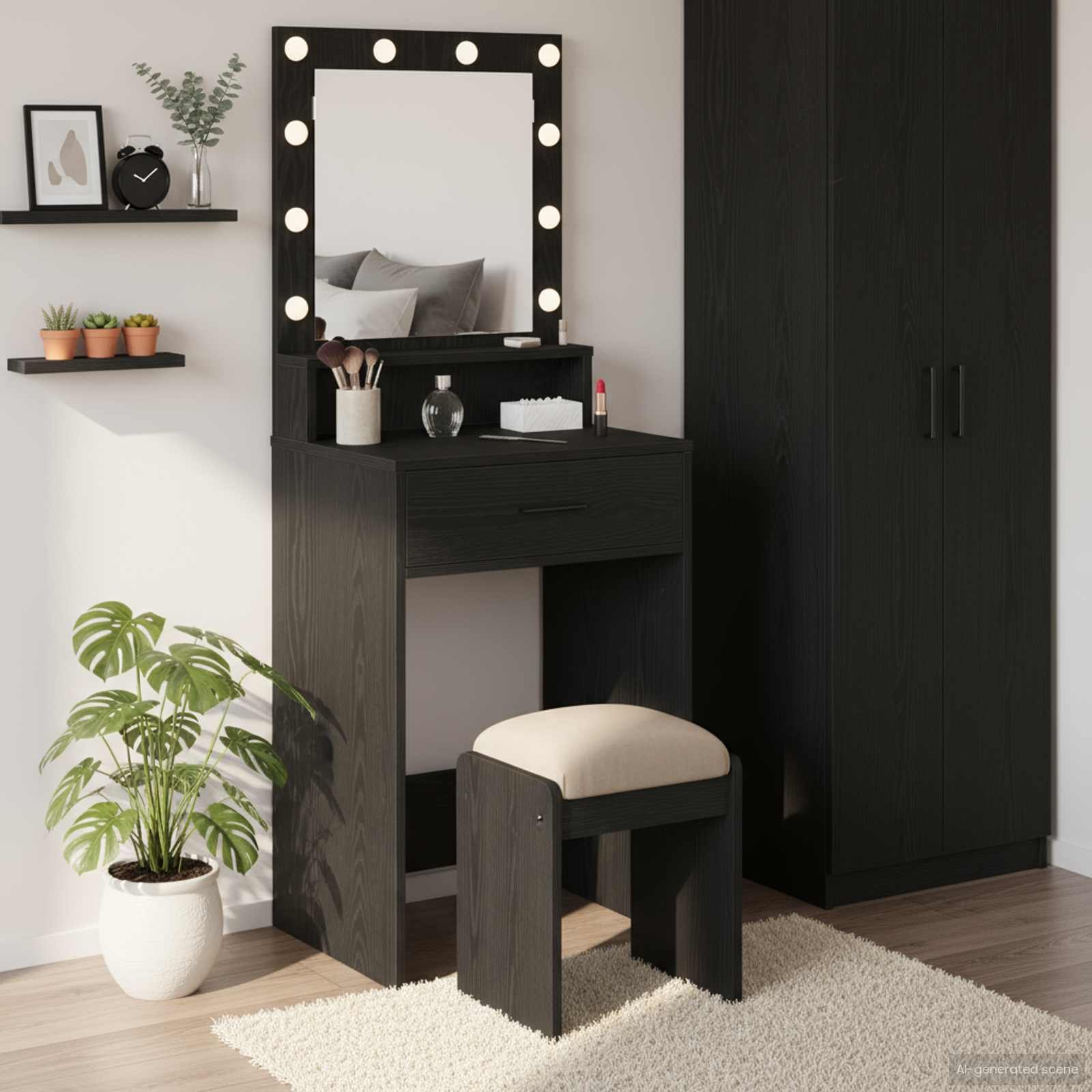 Walplus 2 Drawer Engineered Wood Dressing Table - Black Oak - 50 x 41 x 135 cm