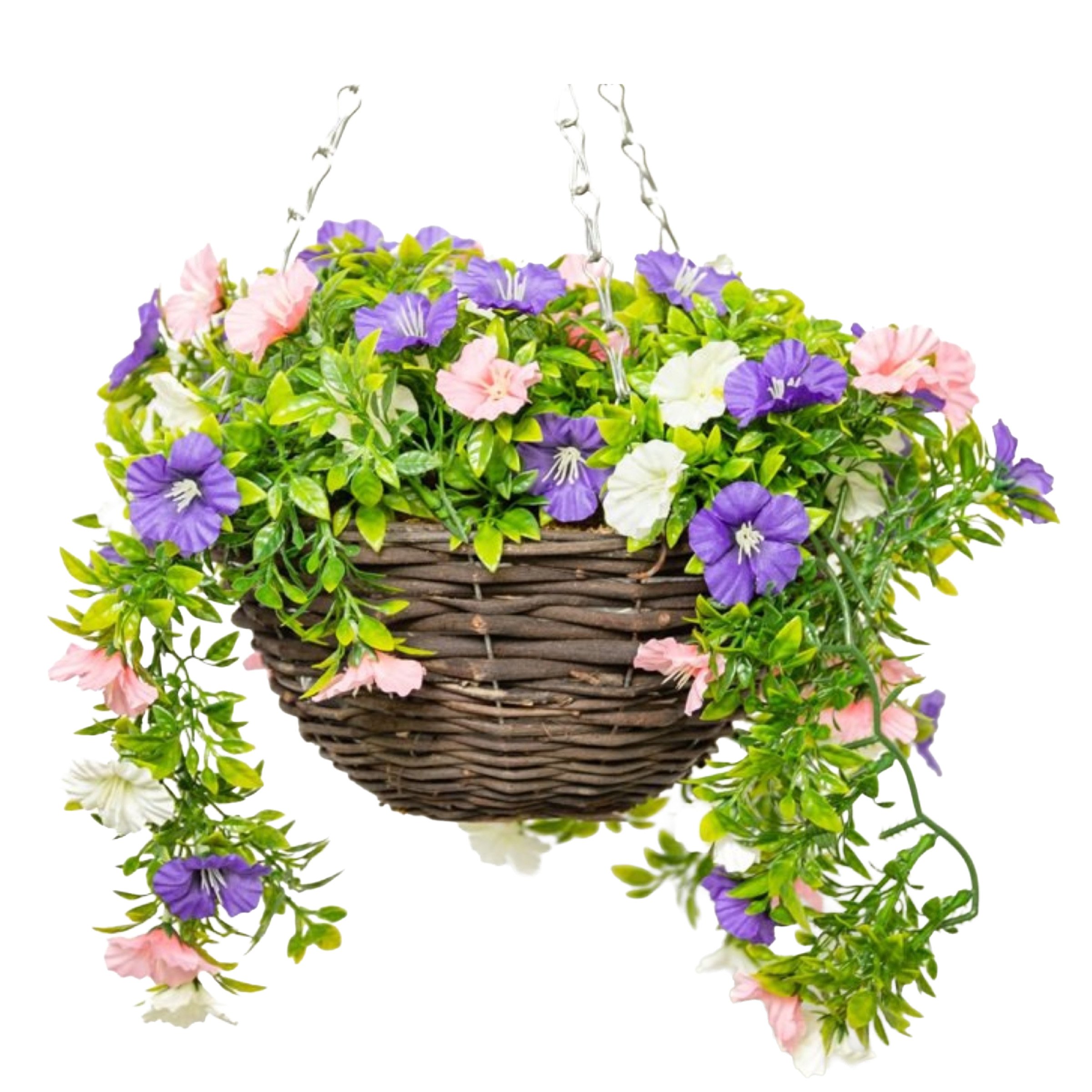 Primrose Artificial Petunia Flowers Rattan Hanging Basket 25cm