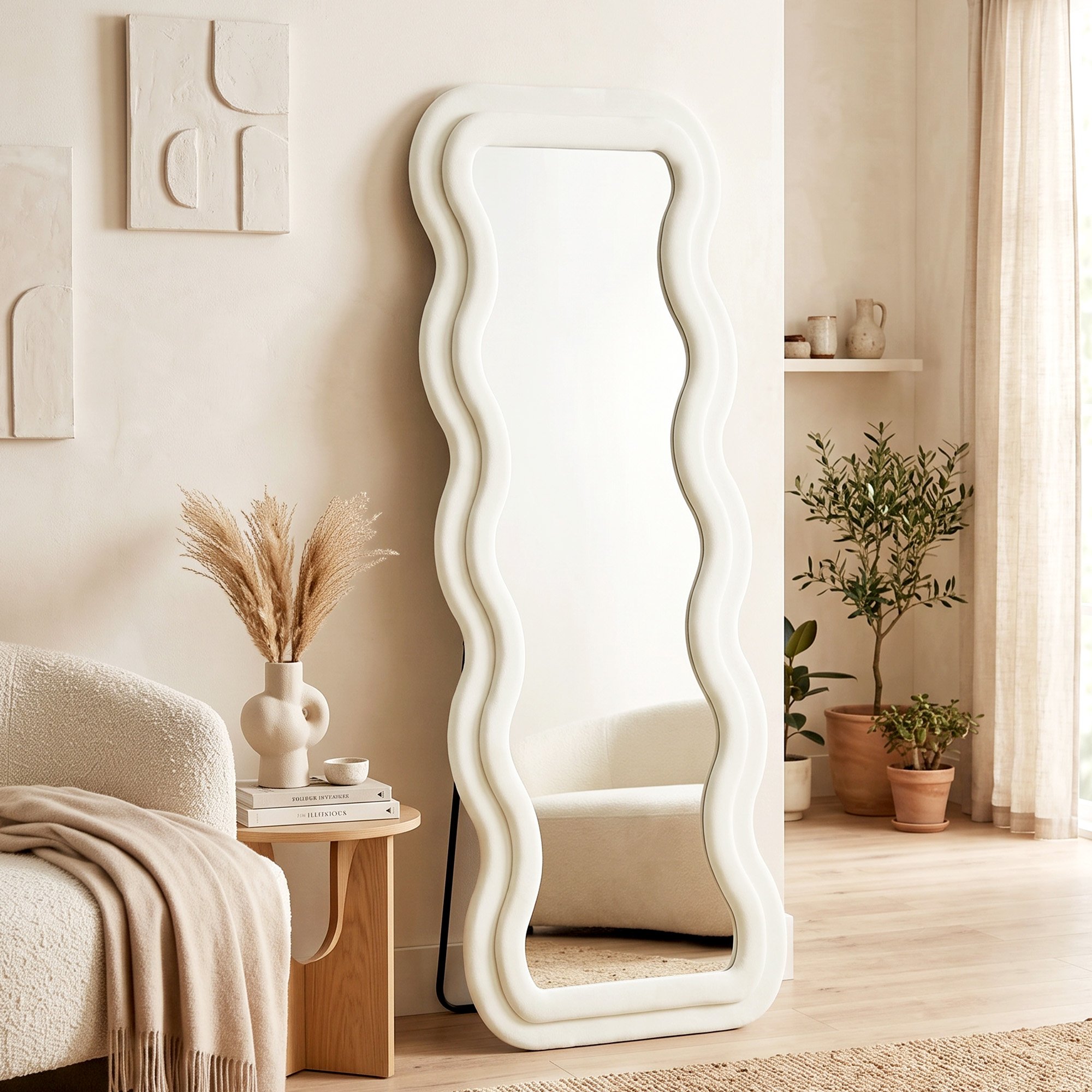 HOMCOM Velvet Frame Full Length Mirror with HD Tempered Glass - Cream White