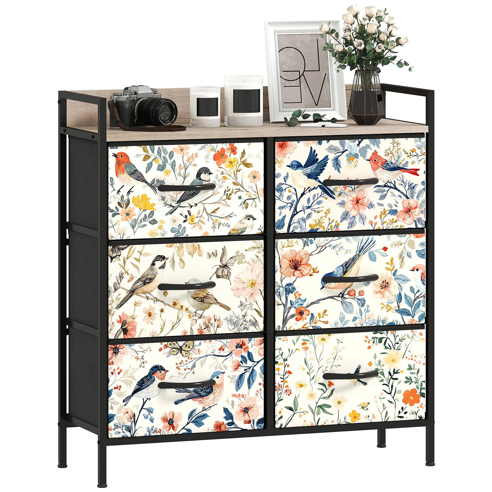HOMCOM Fabric 6 Drawers Chest with Open Shelf and Steel Frame - White