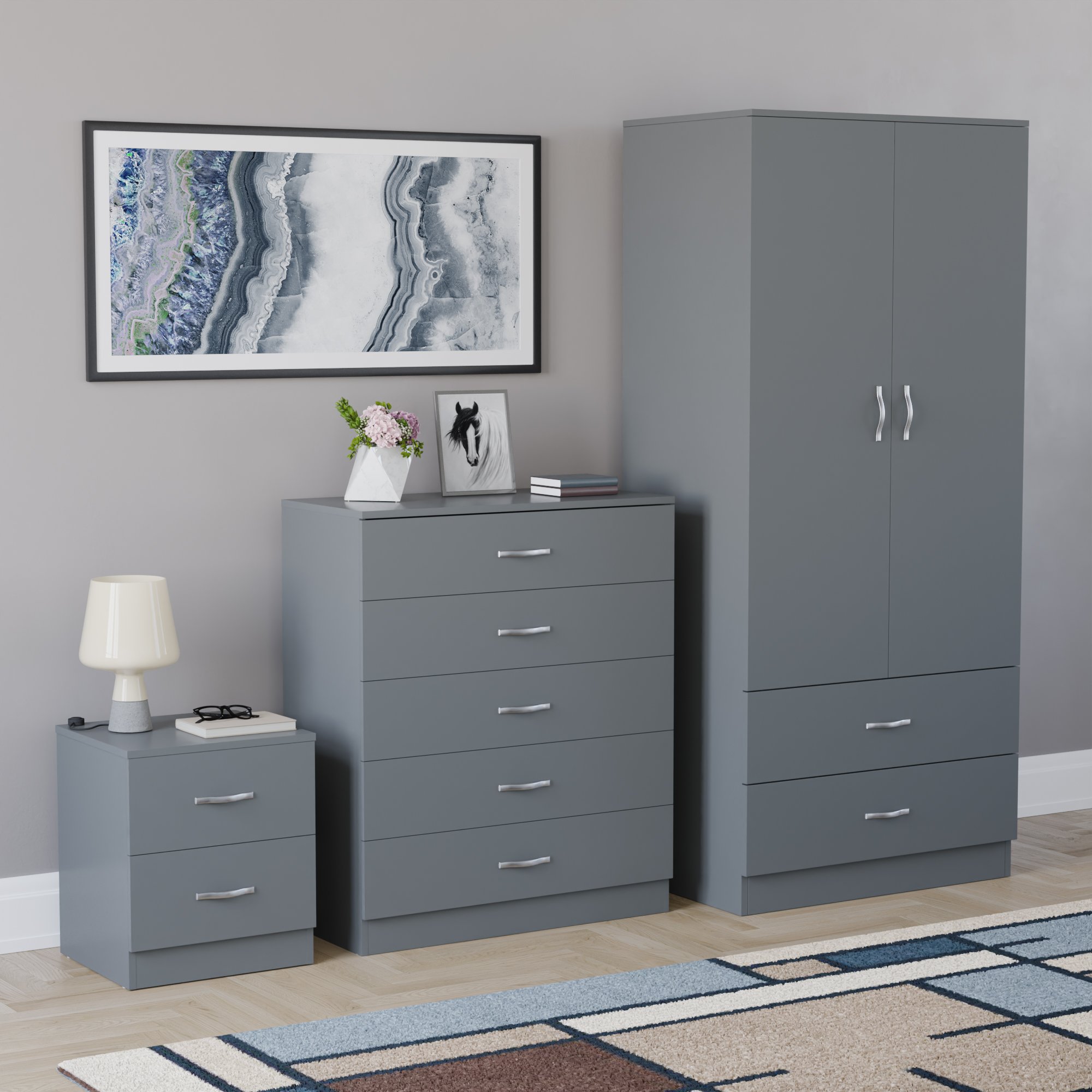 Vida Designs Riano Bedroom Set (Bedside, 5 Drawer Chest, 2x2 Wardrobe) - Grey