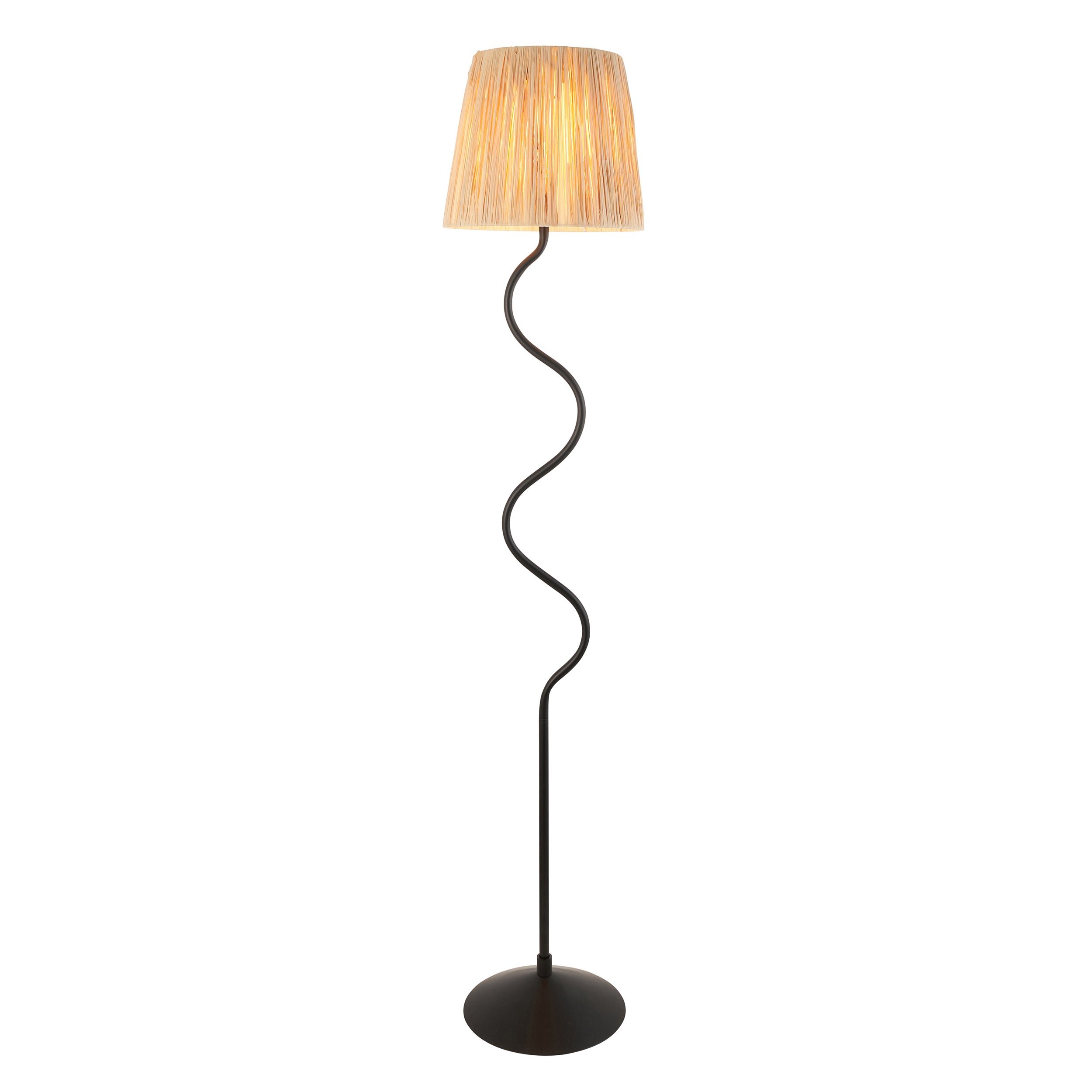 Loops Direct 32cm Diameter Raffia Floor Lamp - Matt Black and Natural Raffia