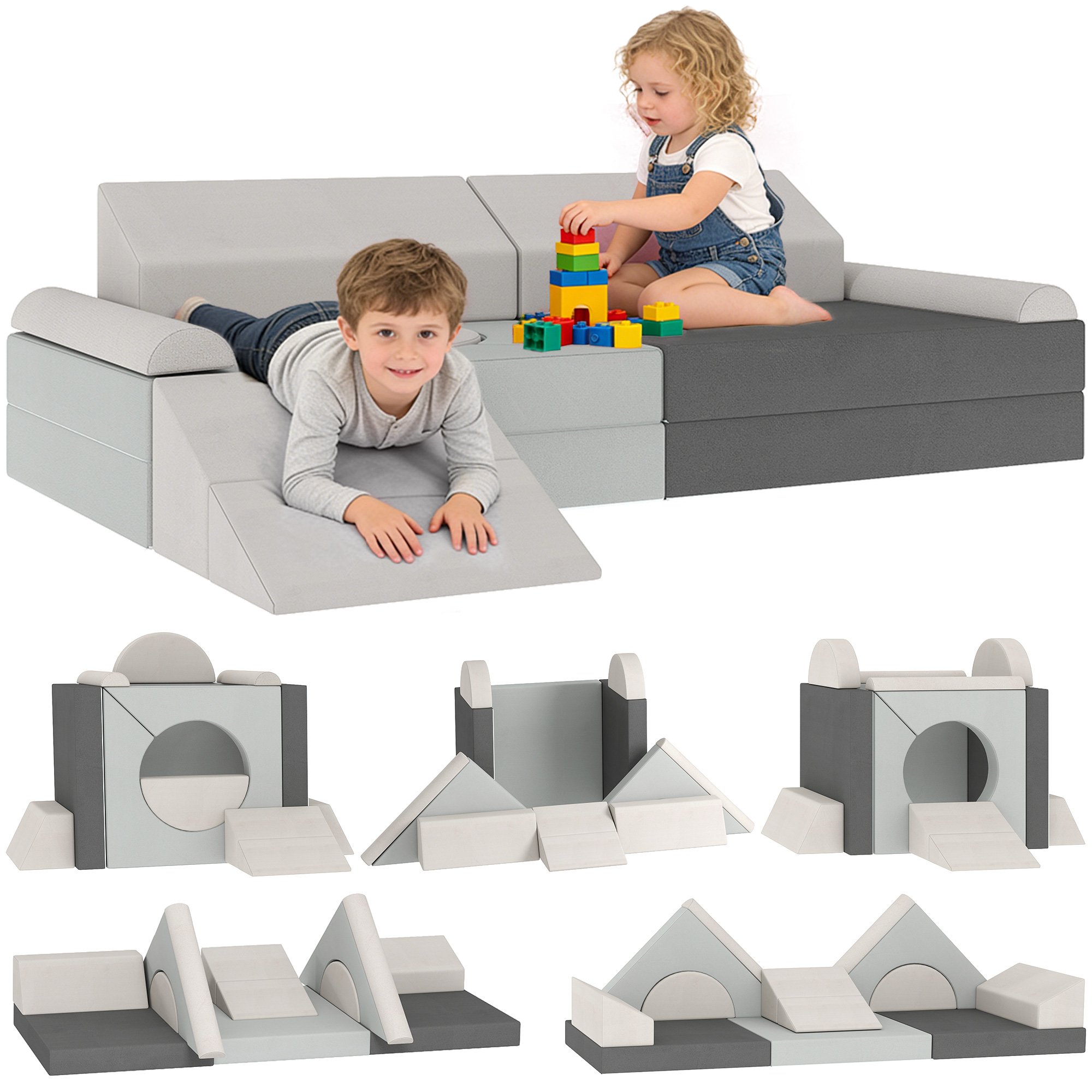 AIYAPLAY 12 Pieces Modular Foam Convertible Kids Sofa Bed - Grey