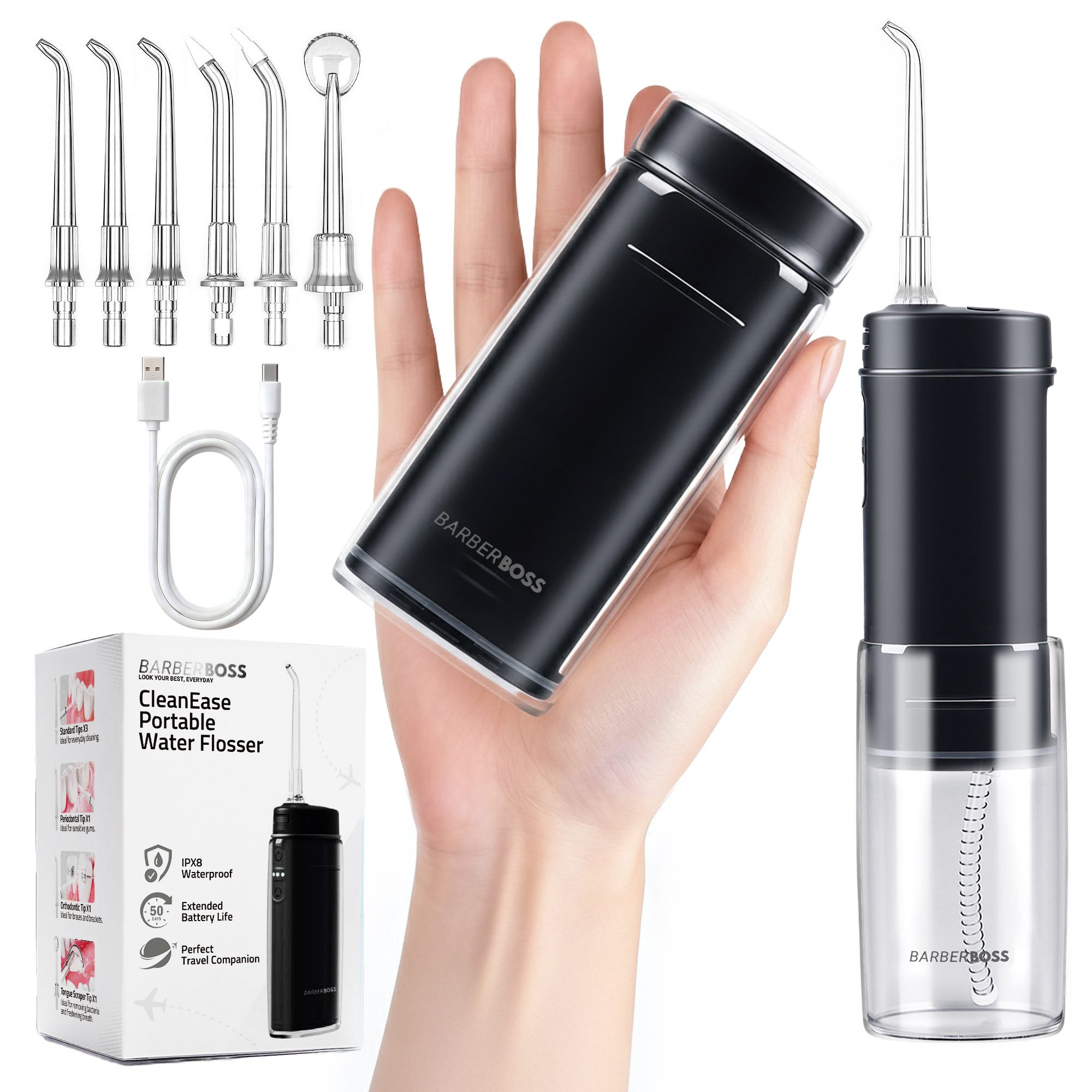 BarberBoss CleanEase Travel Portable Water Flosser Black