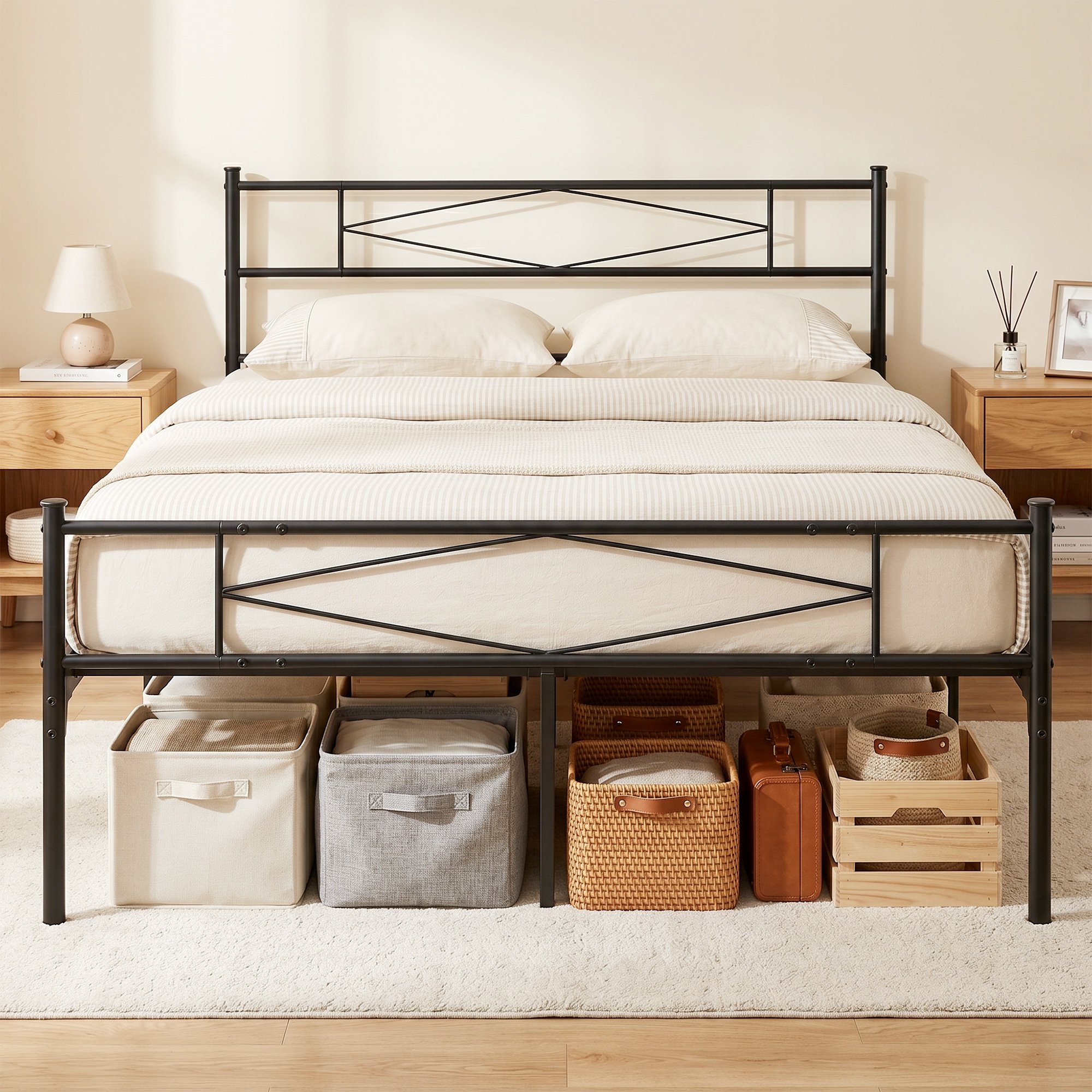 HOMCOM 4FT6 Double Metal Platform Bed Frame with Headboard and Footboard - Black