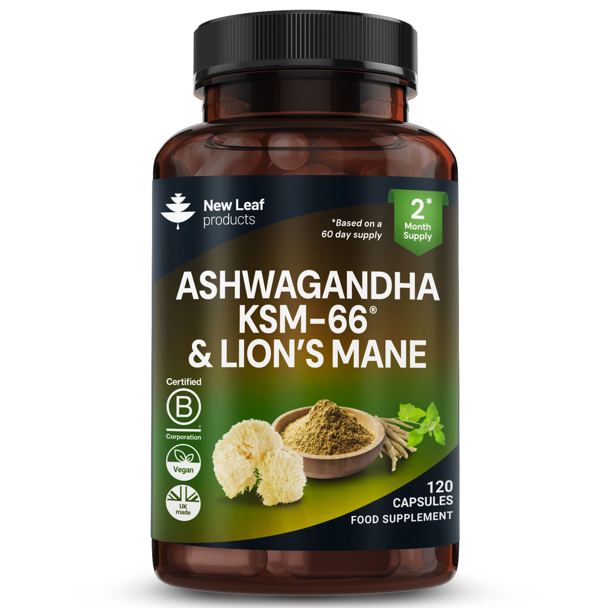 New Leaf Ashwagandha KSM-66 Lions Mane with Black Pepper - 120 Capsule