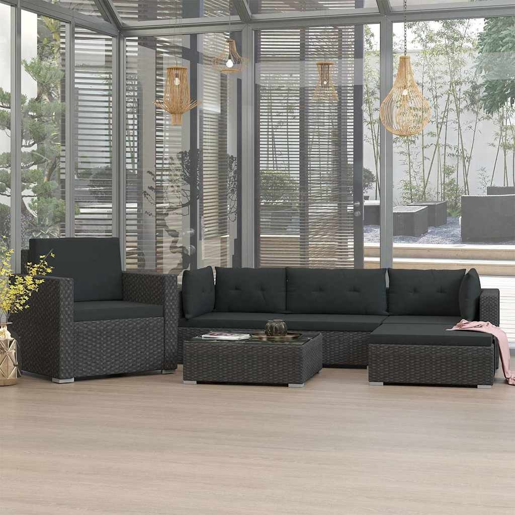 Walplus 6 Piece Poly Rattan Garden Lounge Set - Black - 74 x 74 x 26 cm