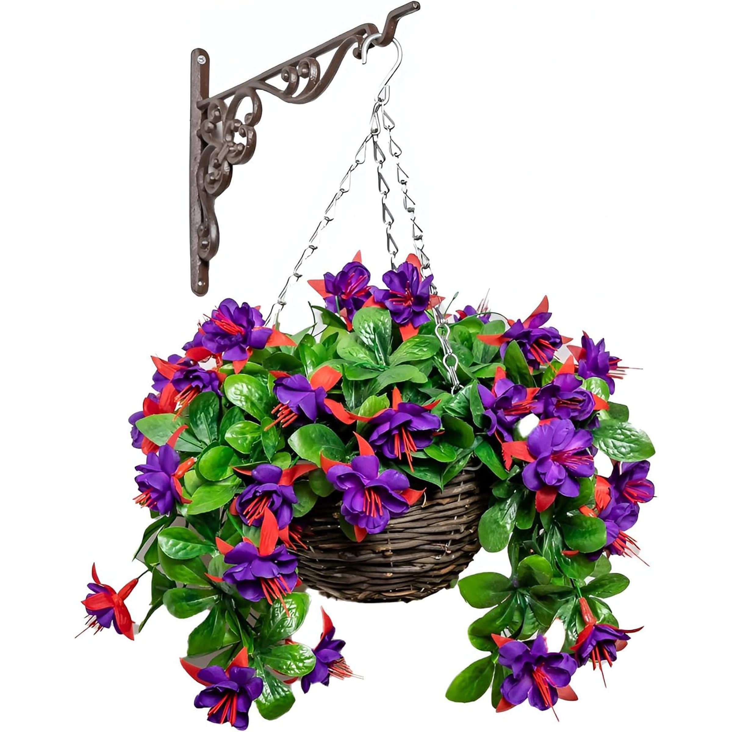 Primrose Artificial Fuchsia Flowers Rattan Hanging Basket Purple 25cm