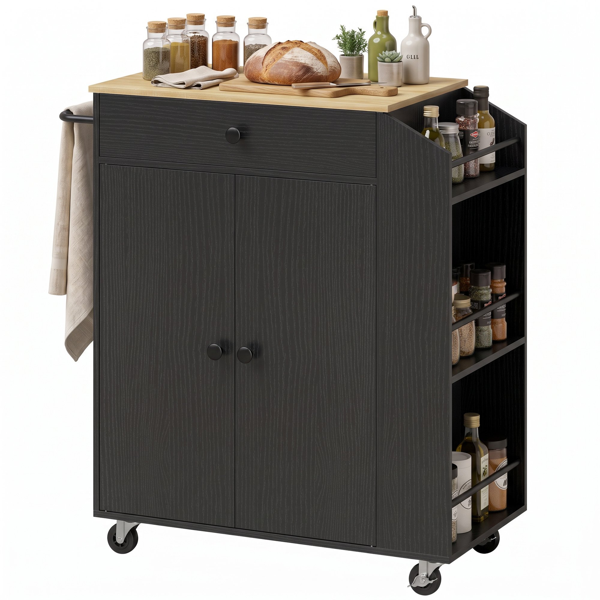 HOMCOM 82cm Wheeled Drawer Adjustable Shelf Kitchen Island – Black