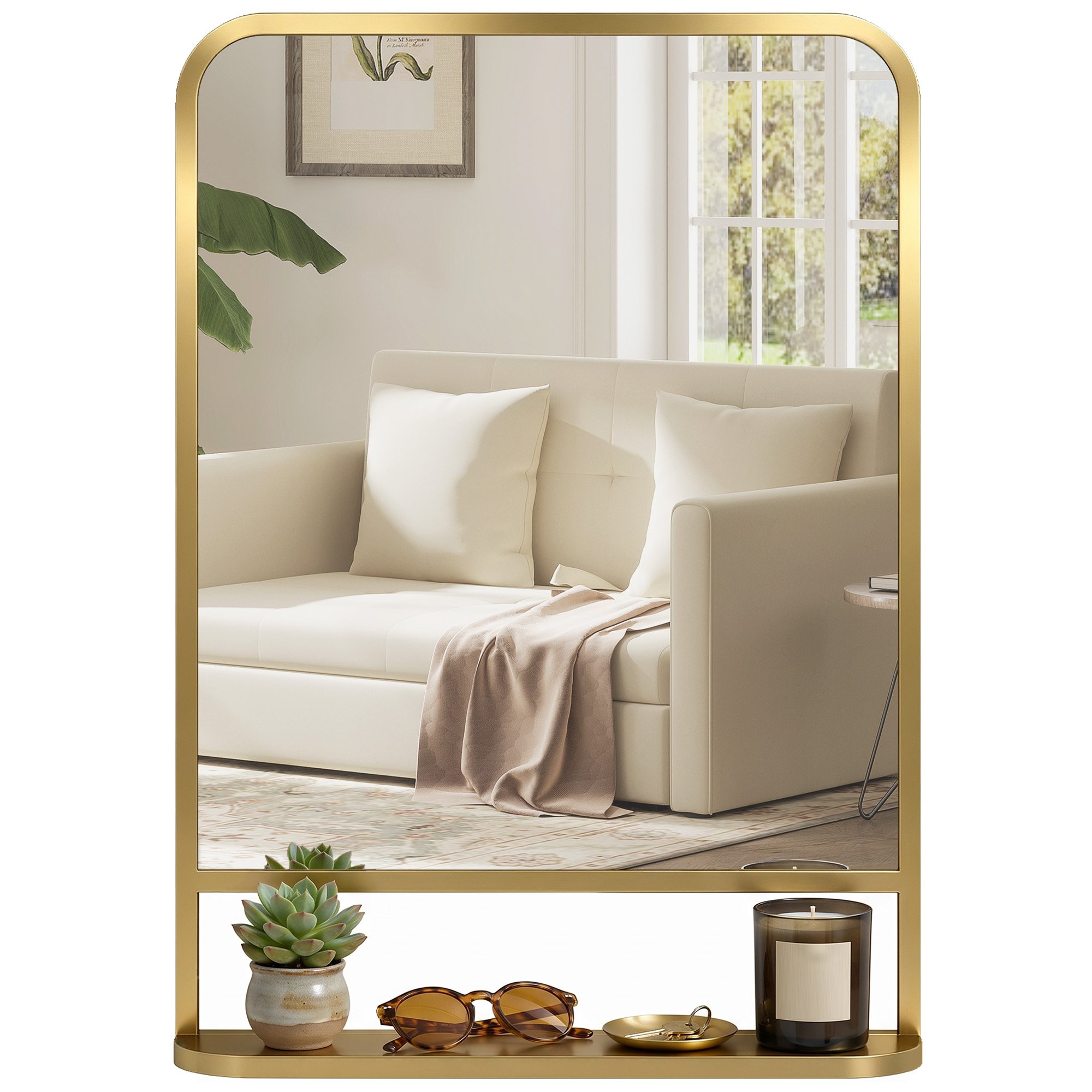 HOMCOM Modern Rectangular Storage Shelf Wall Mirror - Gold