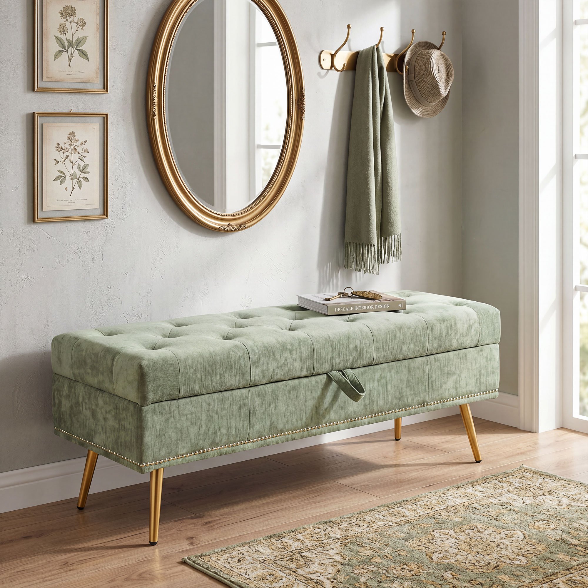 HOMCOM Chenille Upholstered Ottoman Storage Box - Light Green