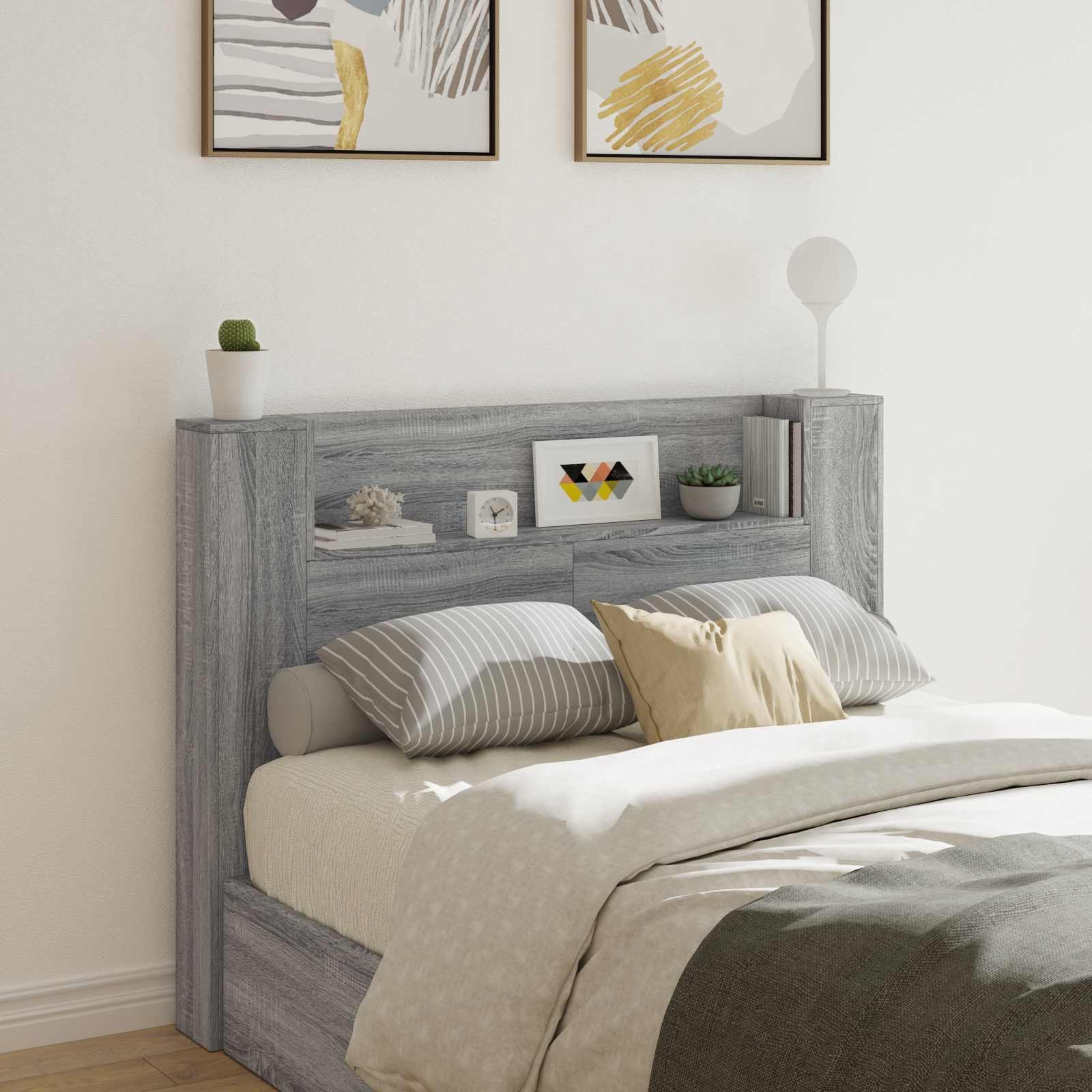 Walplus Wood LED Headboard Cabinet - Grey and Oak - 140 x 16.5 x 103.5 cm