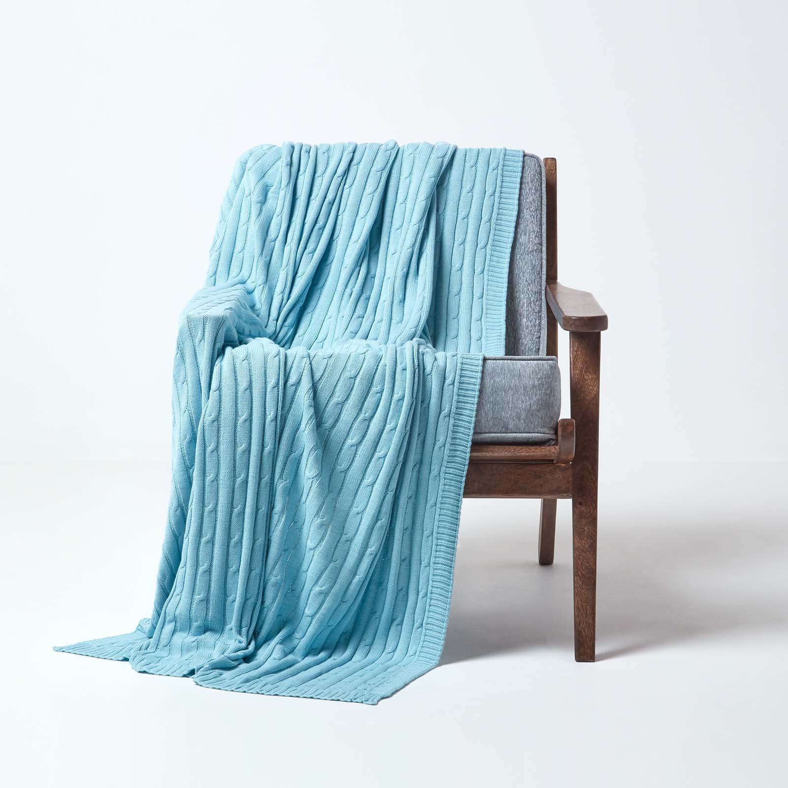 Homescapes Cotton Cable Knit Throw - 150 x 200 cm - Pastel Blue