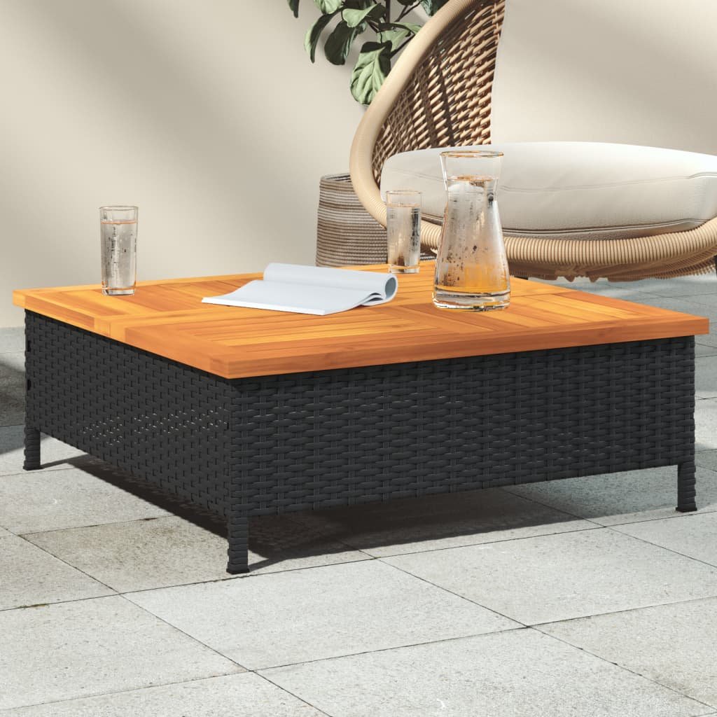 Walplus Poly Rattan Garden Table Rattan and Acacia - Black - 70 x 70 x 25 cm