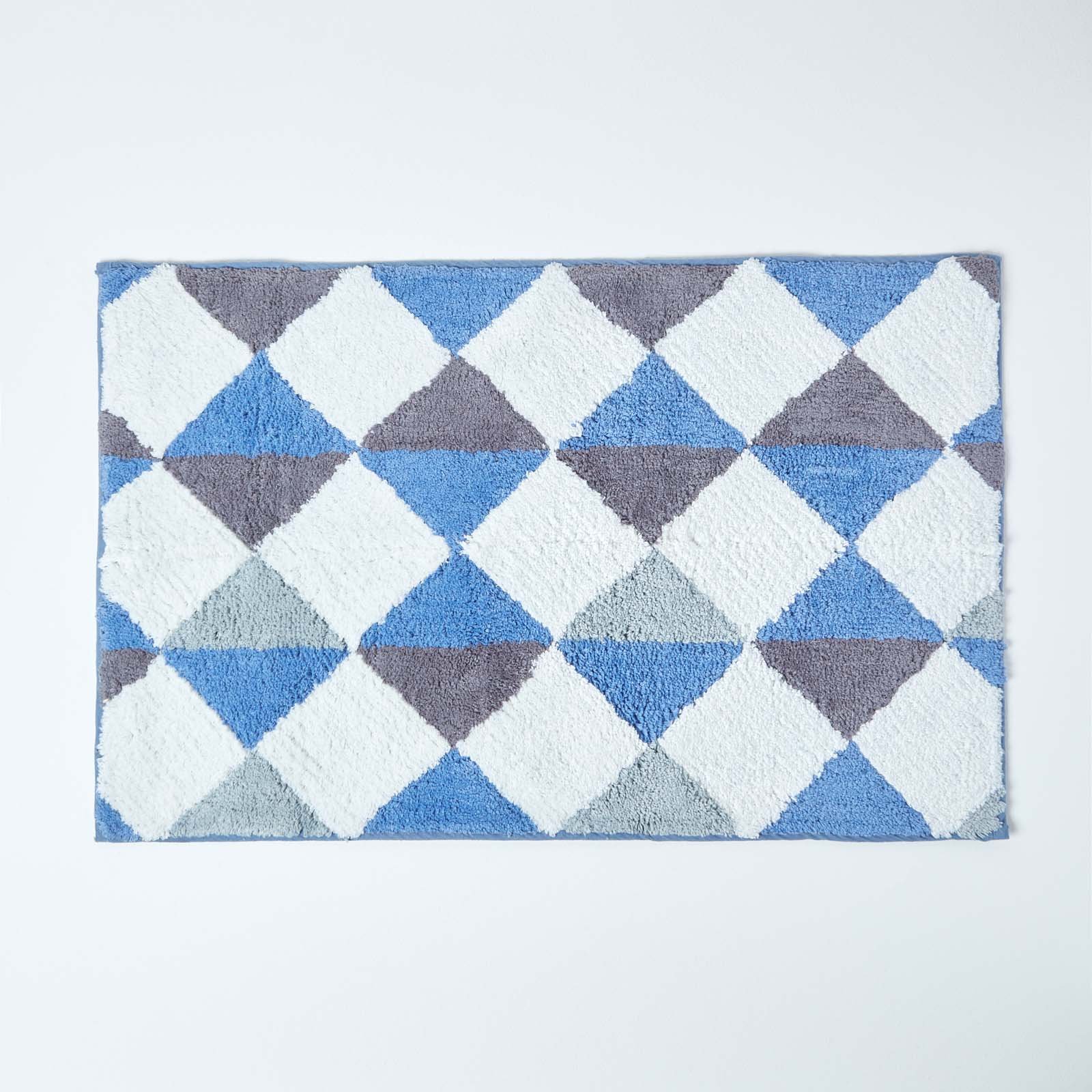 Homescapes Harlequin Pattern Cotton Bath Mat - Blue