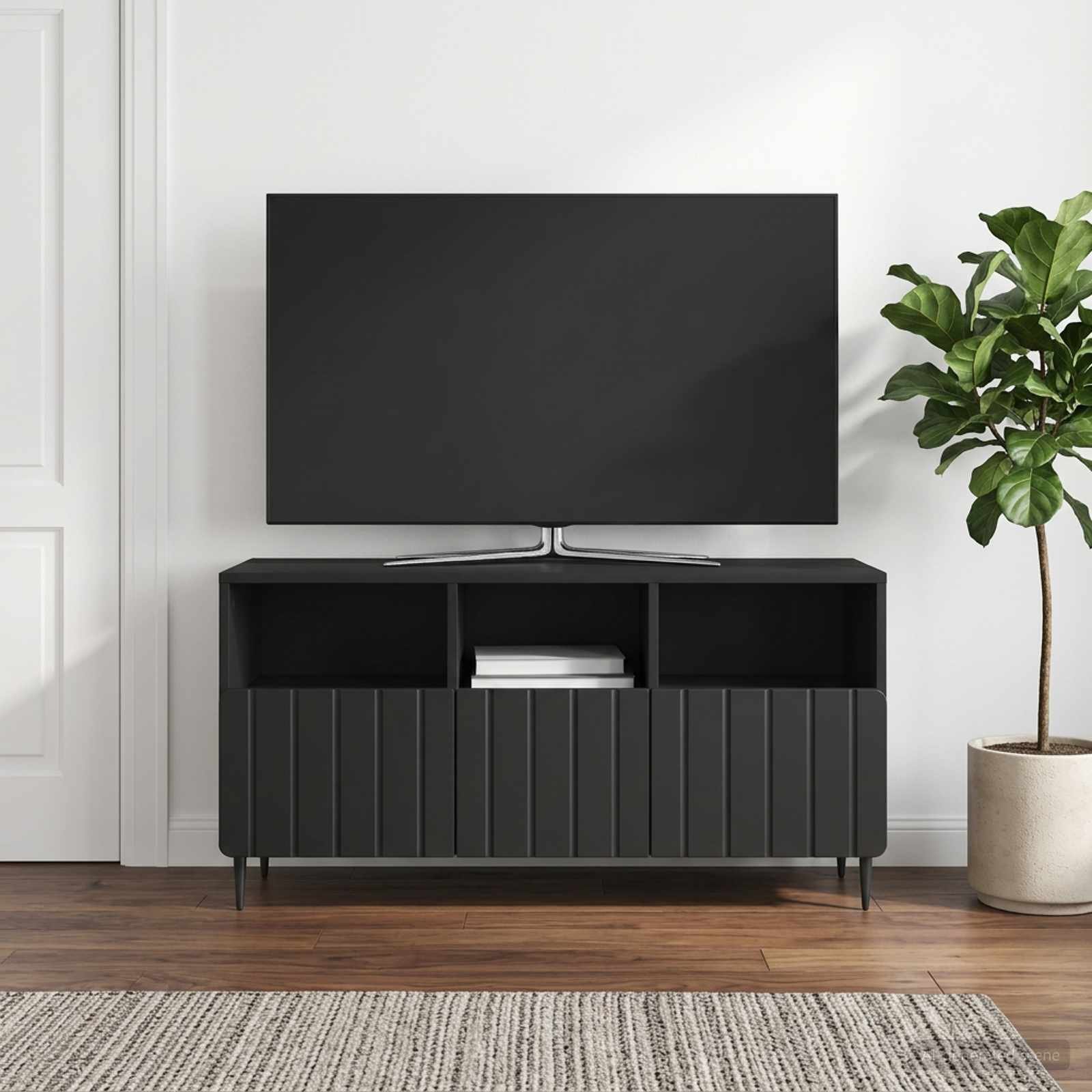 Walplus Wood TV Cabinet with Drawers Open Shelf - Black - 102 x 34.5 x 50 cm
