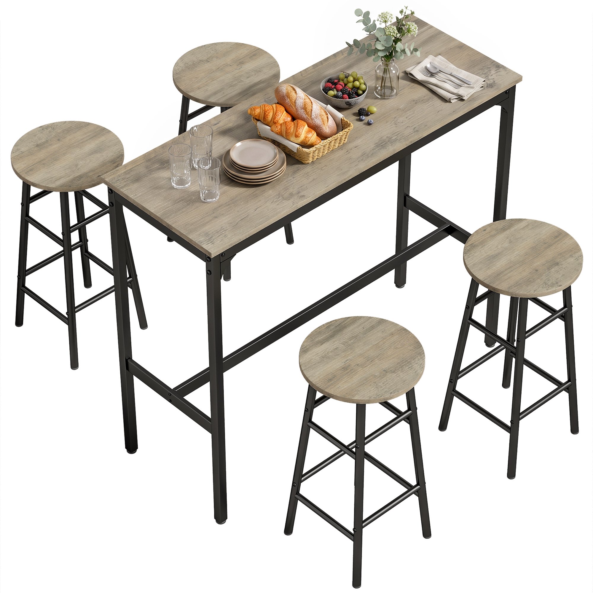 HOMCOM 5 Piece Bar Table Set with 4 Stools - Grey Wood Effect
