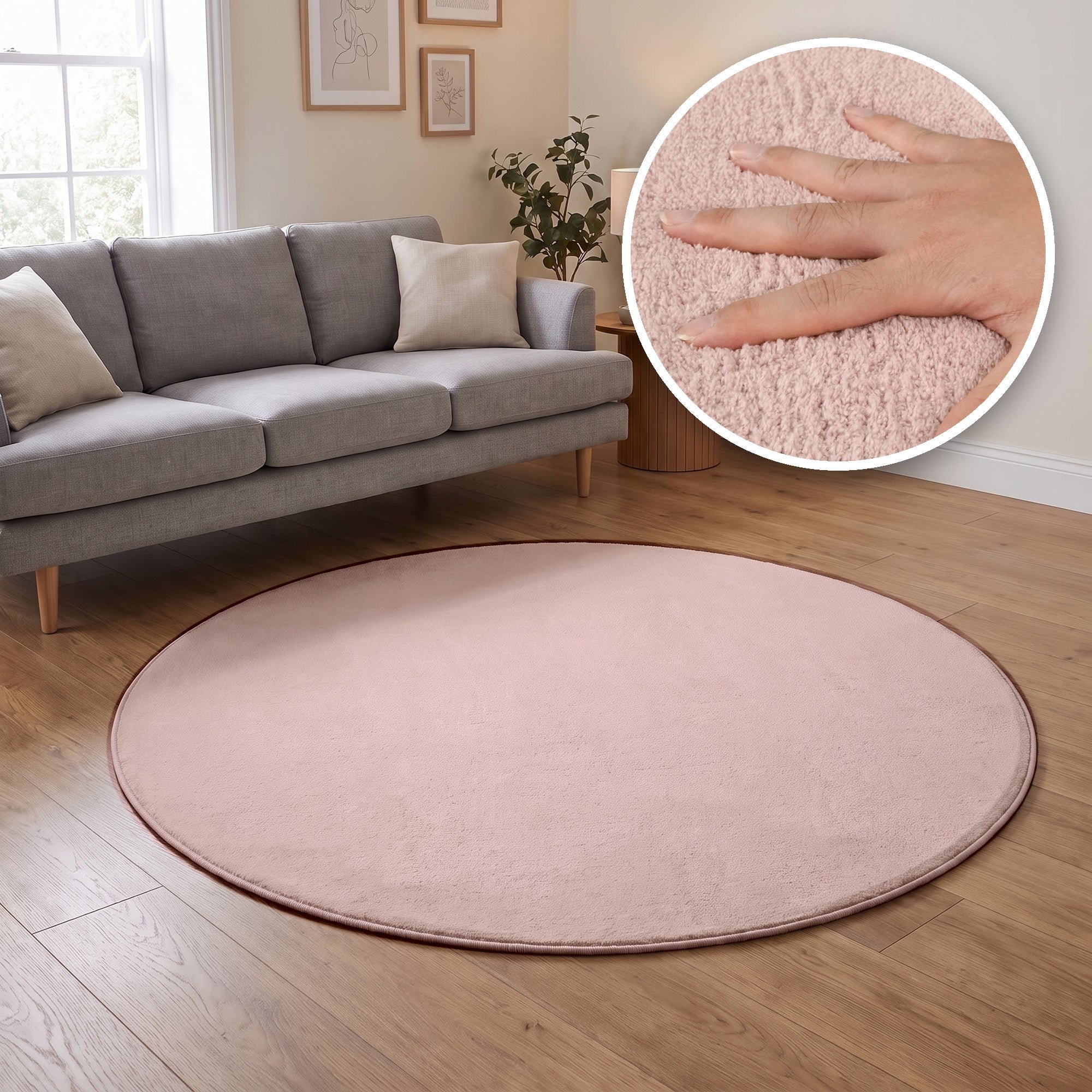 The Rugs Pink Washmellow Plain Washable Non Slip Round Rug - 80cm