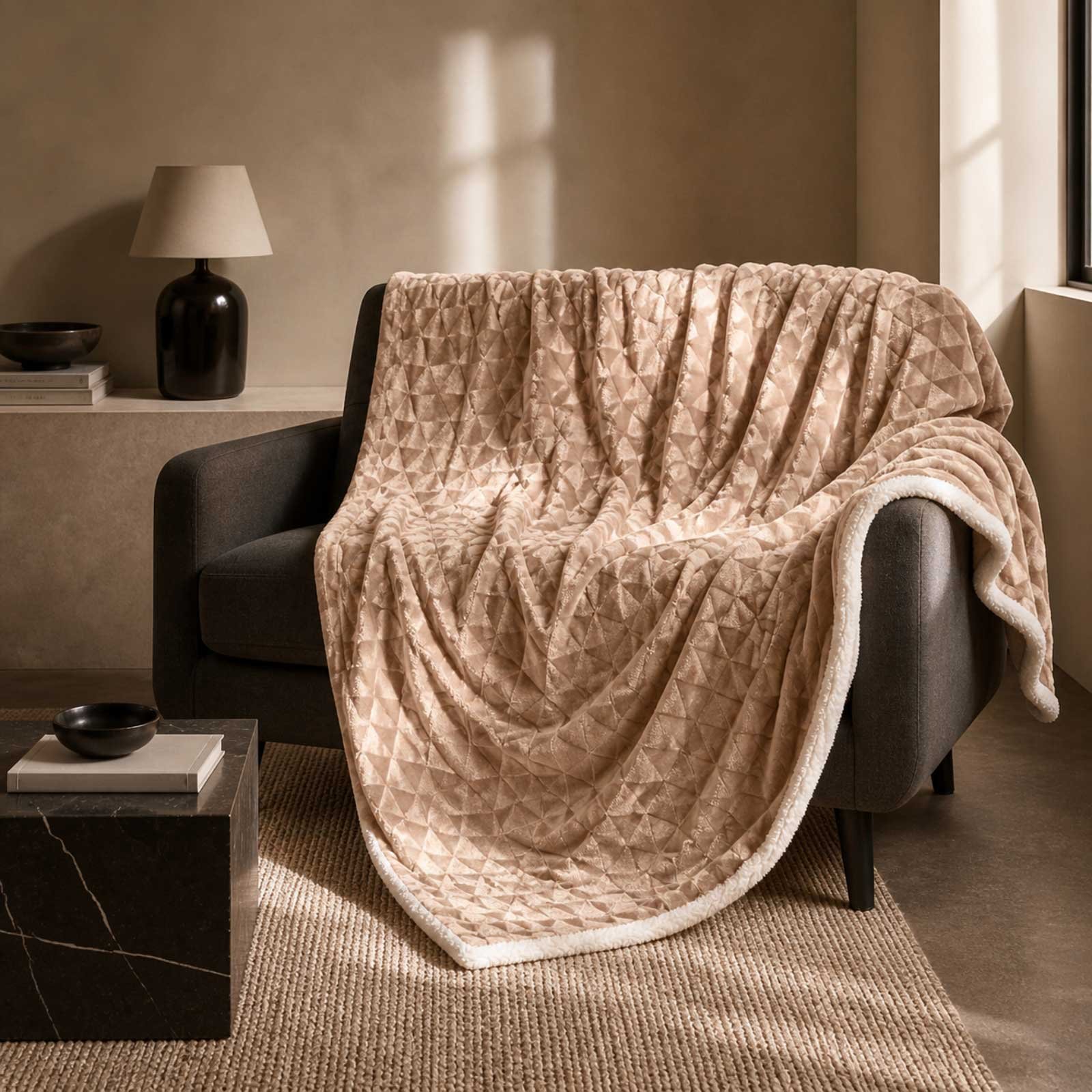 Homescapes Geometric Triangle Velvet Throw - 200 x 230 cm - Light Brown