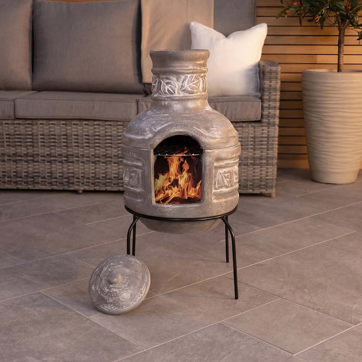 Charles Bentley Snug Granada Chiminea  BBQ Grill Leaf Design Rain Lid - Grey