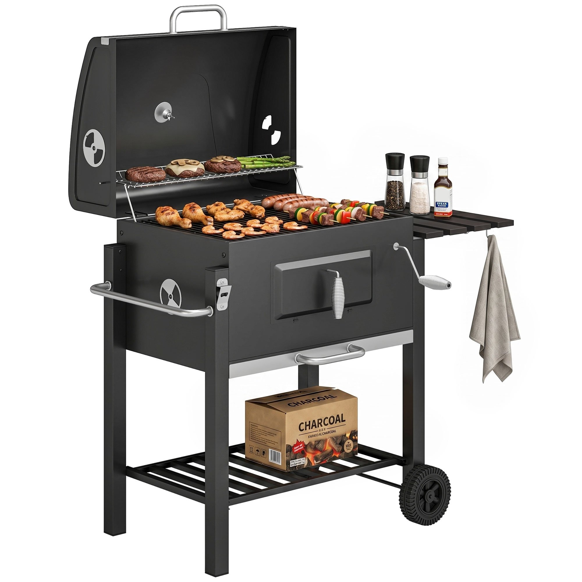 Outsunny Metal Garden BBQ Grill with Adjustable Charcoal Grate - Black