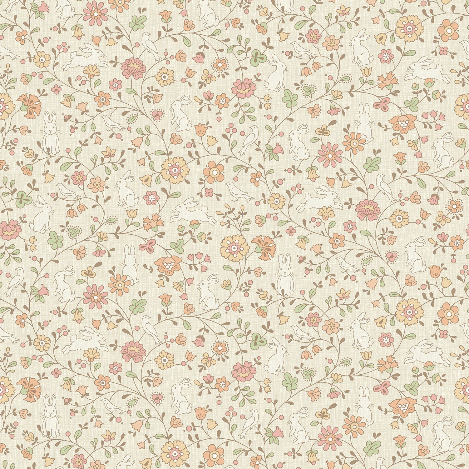 Grandeco Liberty Floral Bunny Trail Nursery Textured Wallpaper - Natural Beige
