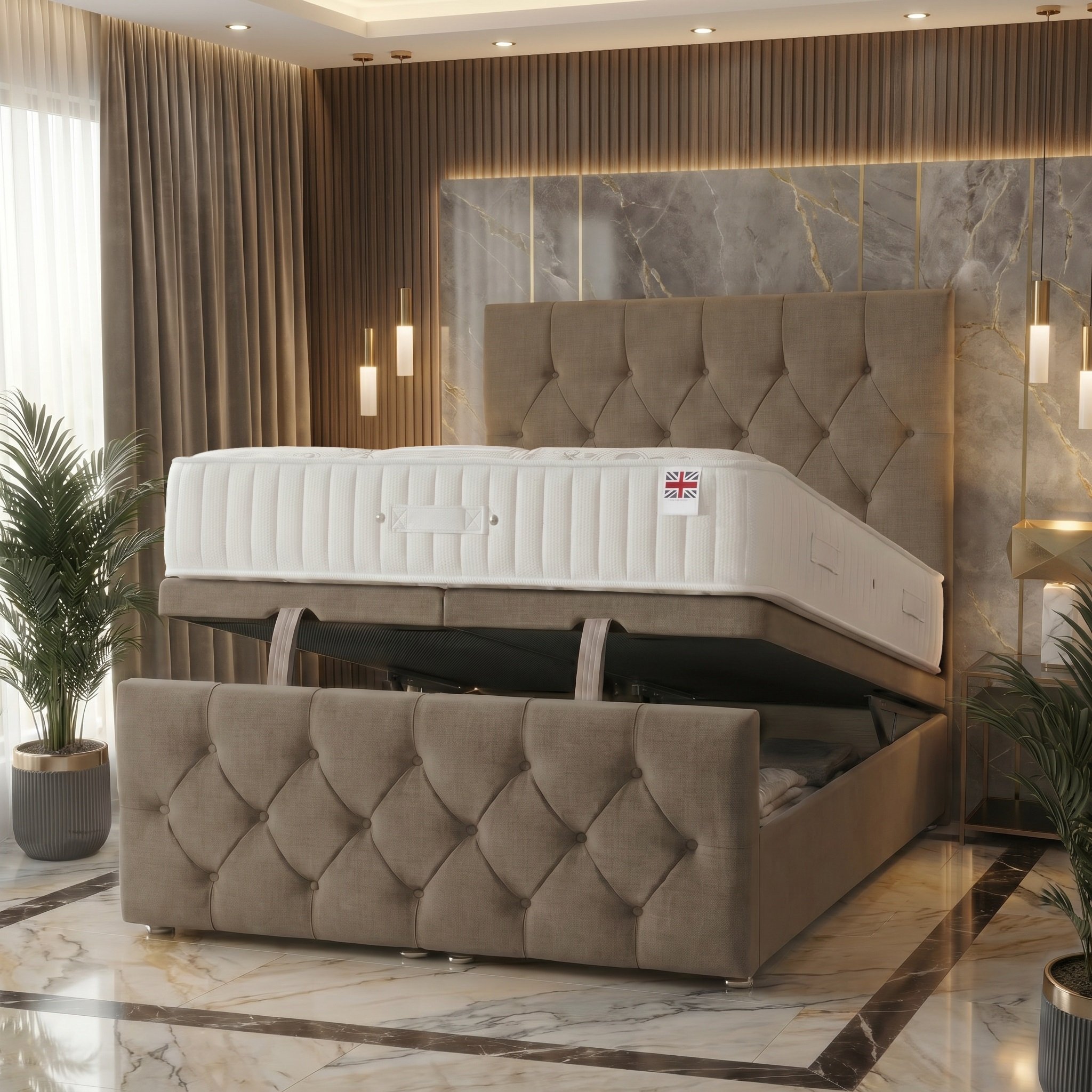 Somnior Chester Linen Super King Ottoman Bed with Ortho Mattress - Wheat