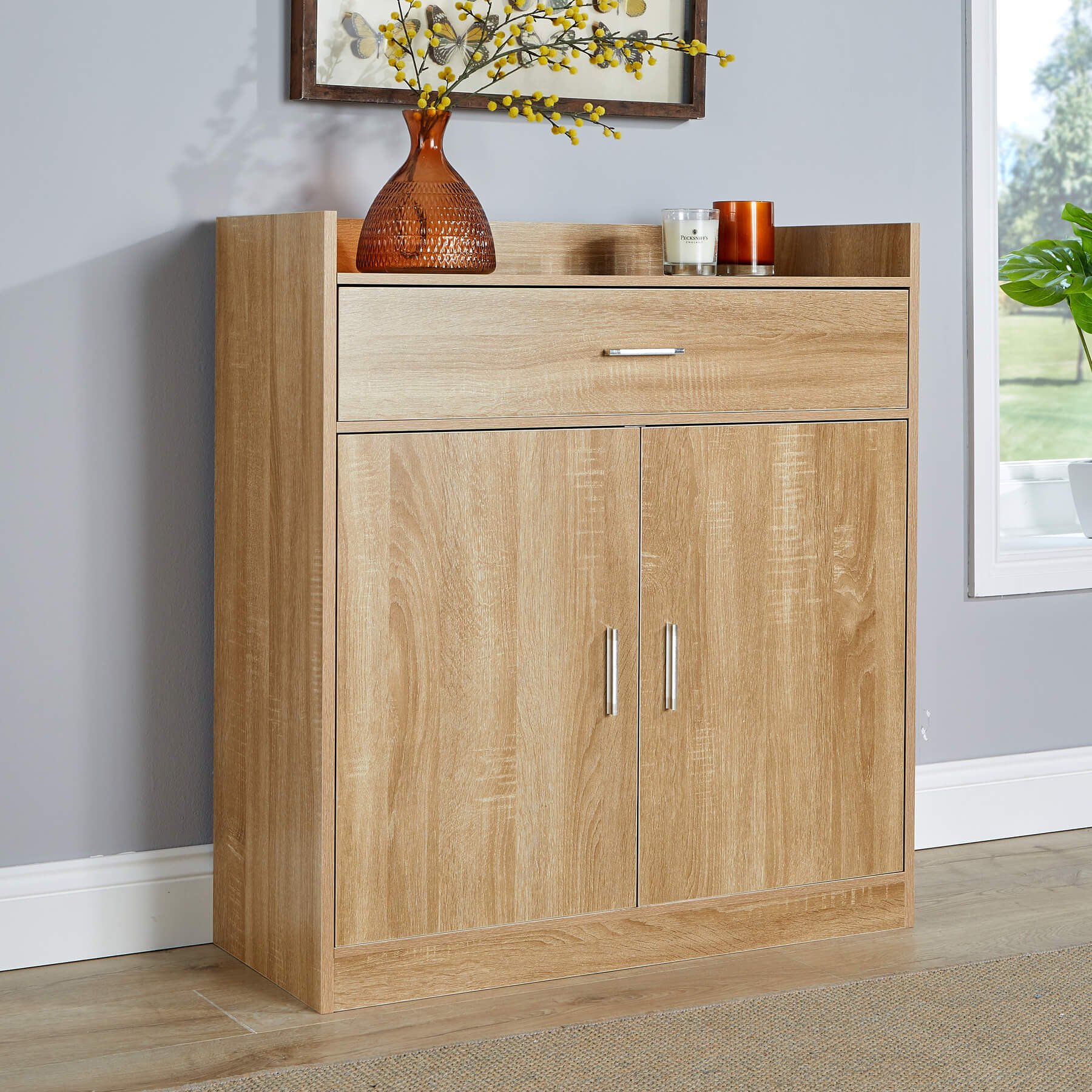 Home Source Novara 2 Door 1 Drawer Shoe Cabinet - Oak