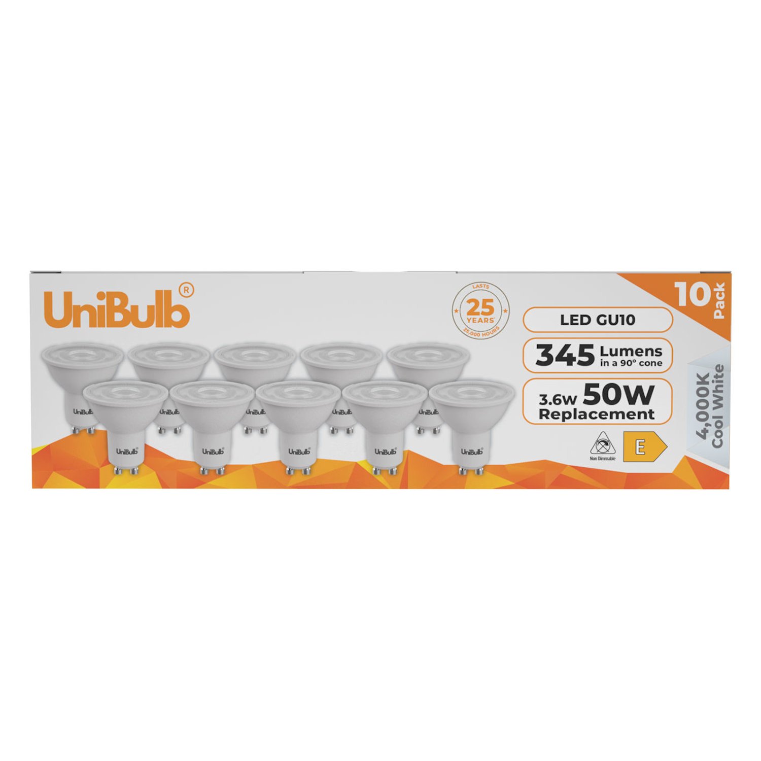 UniBulb 3.6W LED Cool White Spotlight GU10 Light Bulb - 10 Pack