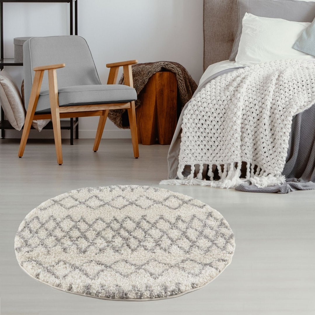 The Rugs Cream and Grey Moroccan Shaggy Tangier Round Rug - 120cm