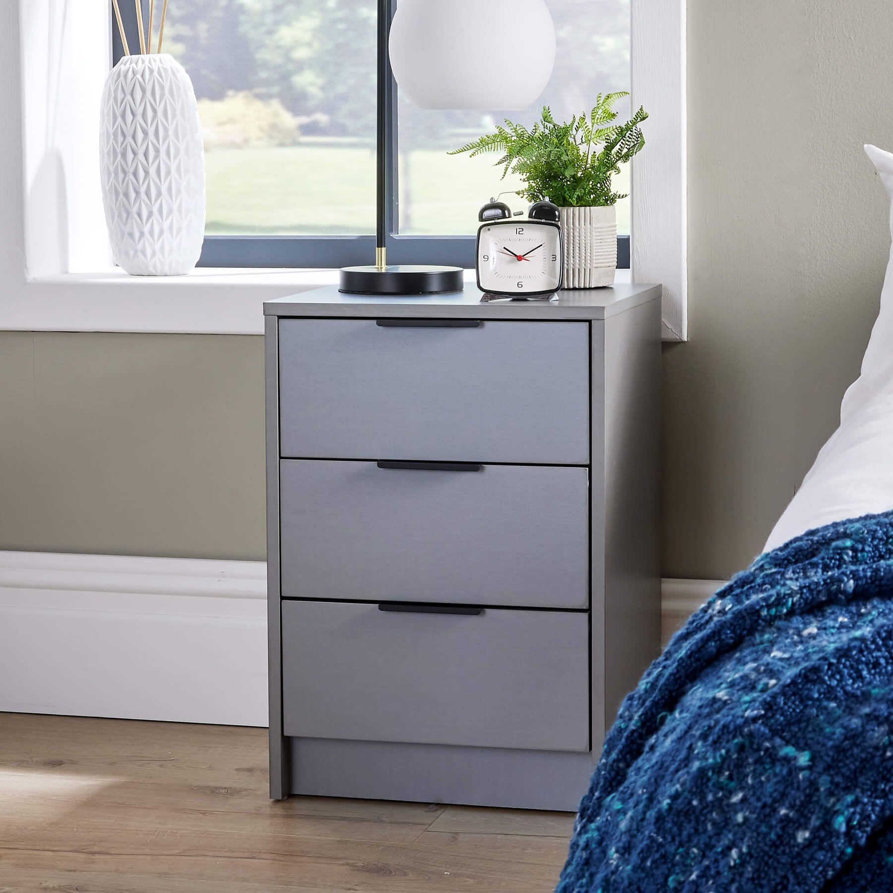 Home Source Phoenix 3 Drawer Bedside Table - Grey