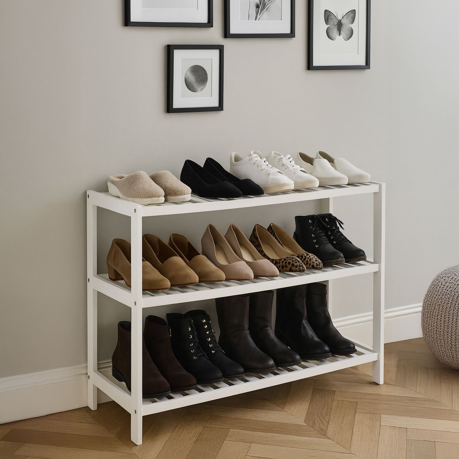 Neo 3 Tier Bamboo Shoe Rack - White/Natural
